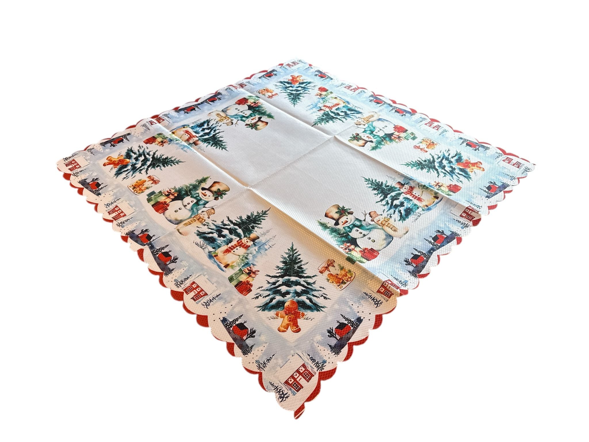 ⛄🎄 Față de Masă Decorativă Crăciun – 85×85 cm – Model Oameni de Zăpadă & Peisaj de Iarnă