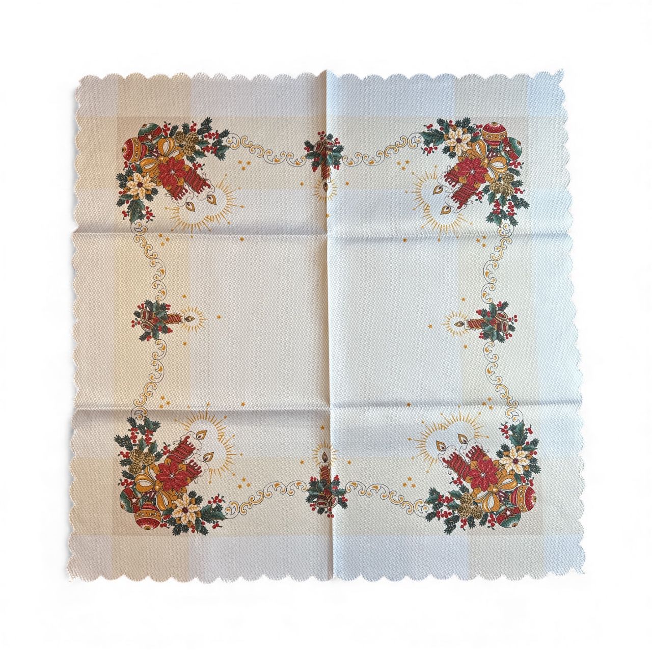 🕯️✨ Față de Masă Crăciun – 85×85 cm – Model Lumânări Roșii & Ornamente Aurii