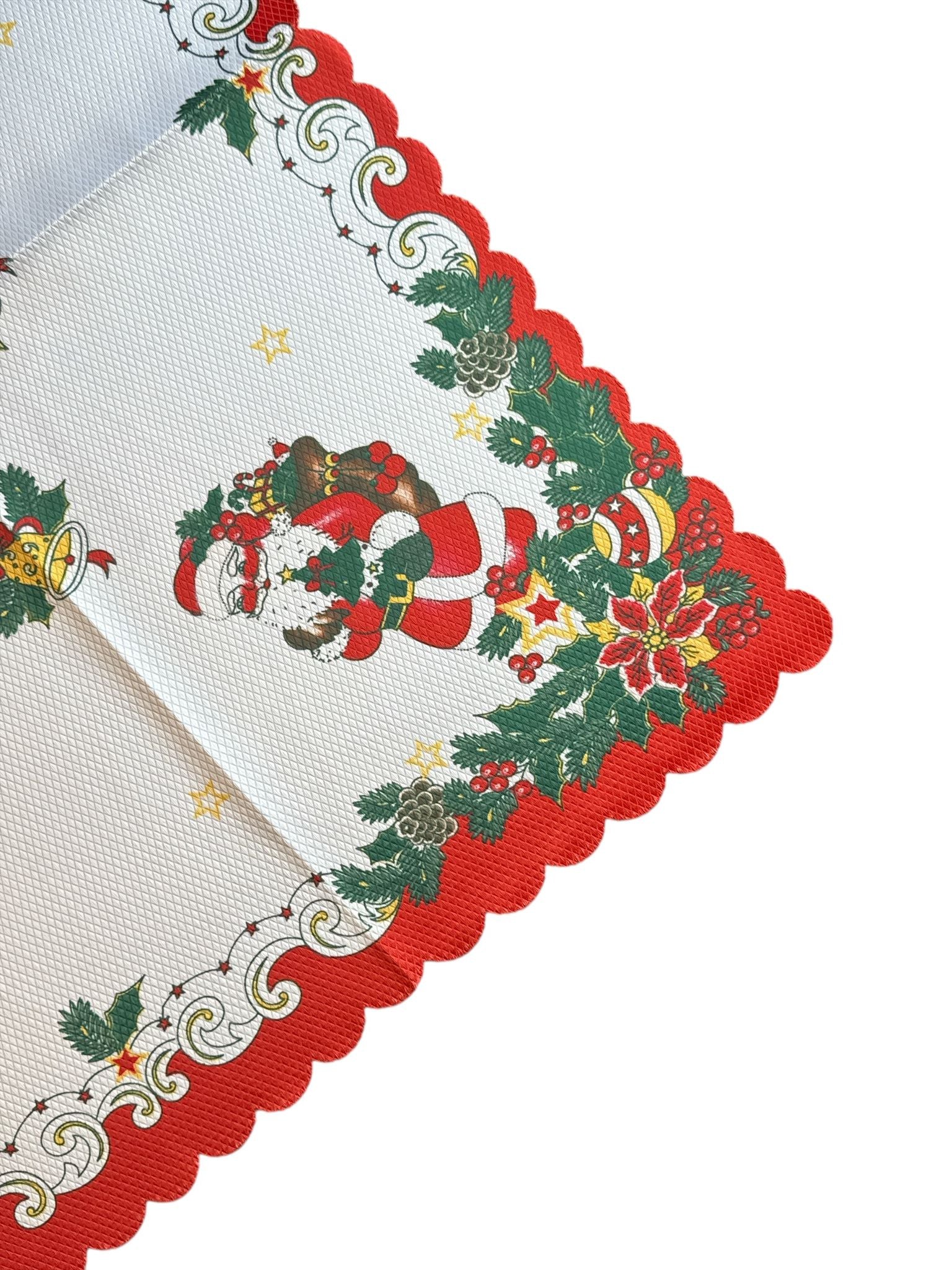 🎅🔔 Față de Masă Crăciun – 85×85 cm – Model Moș Crăciun, Clopoței & Margine Roșie