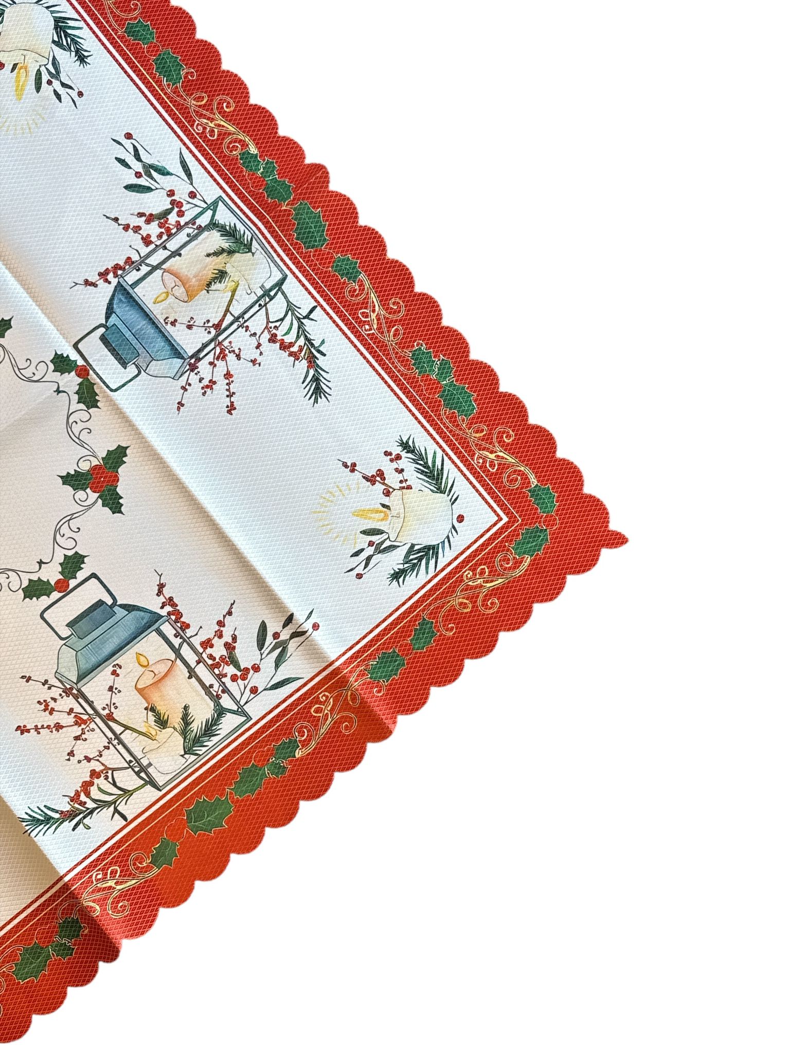 🕯️🌲 Față de Masă Crăciun – 85×85 cm – Model Felinare cu Lumânare & Margine Roșie Festivă