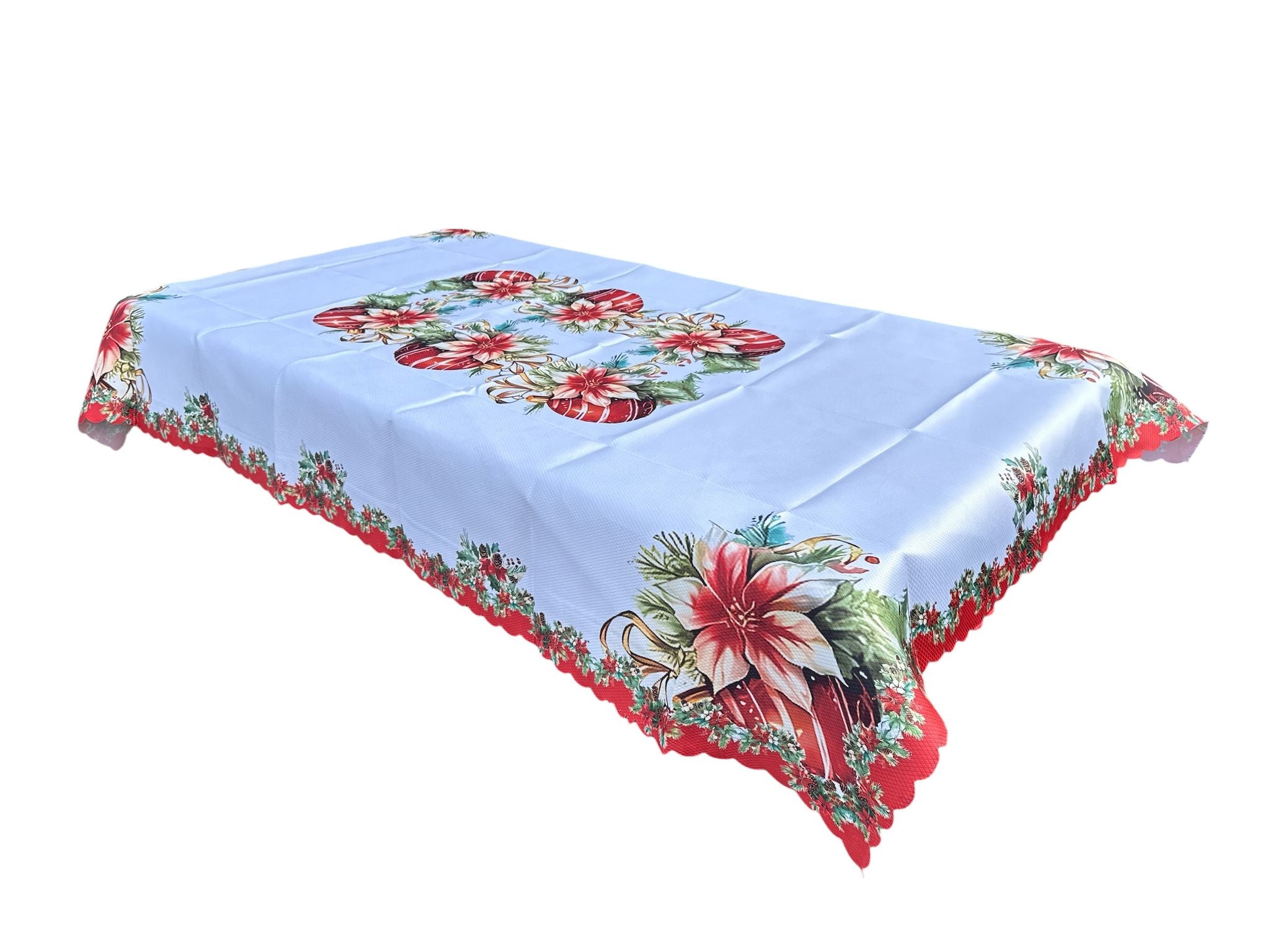 🎄 Față de masă de Crăciun – Model Poinsettia & Globuri – 150 x 220 cm
