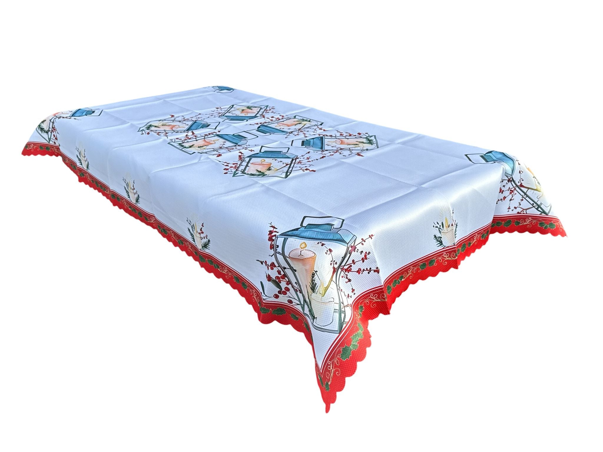 🎄 Față de masă Crăciun 150x220 cm – Model Felinare, Lumânări & Crenguțe de Iarnă