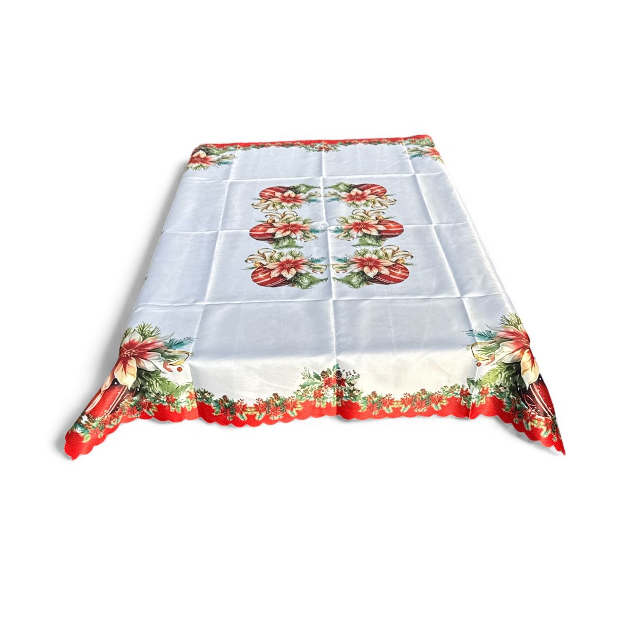 🎄 Față de masă Crăciun 130 x 180 cm – Model cu globuri, floare de Crăciun și ornamente roșii