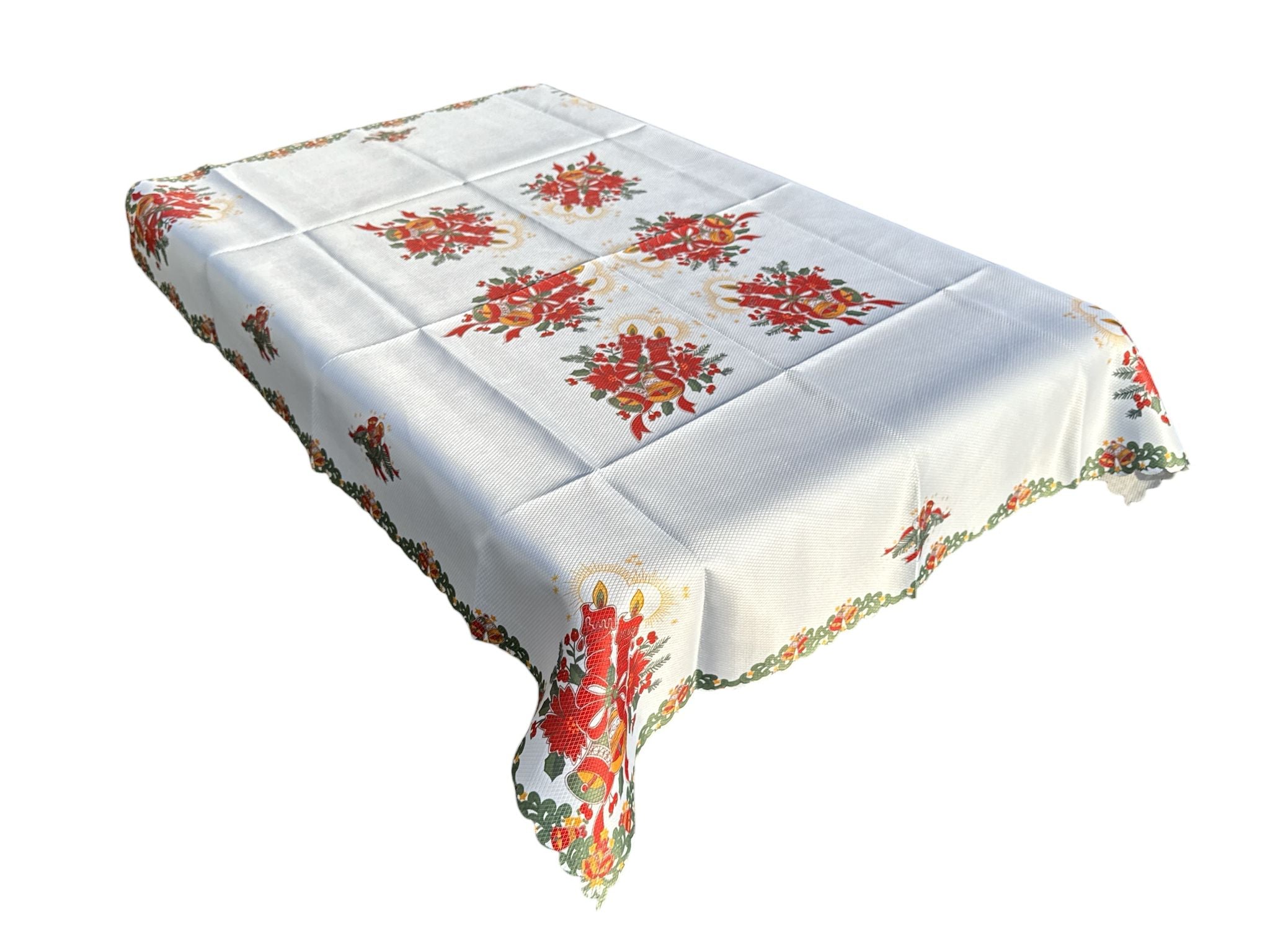 🕯🎄 Față de Masă Crăciun 130x180 cm – Model Cu Lumânări Roșii & Globuri Aurii