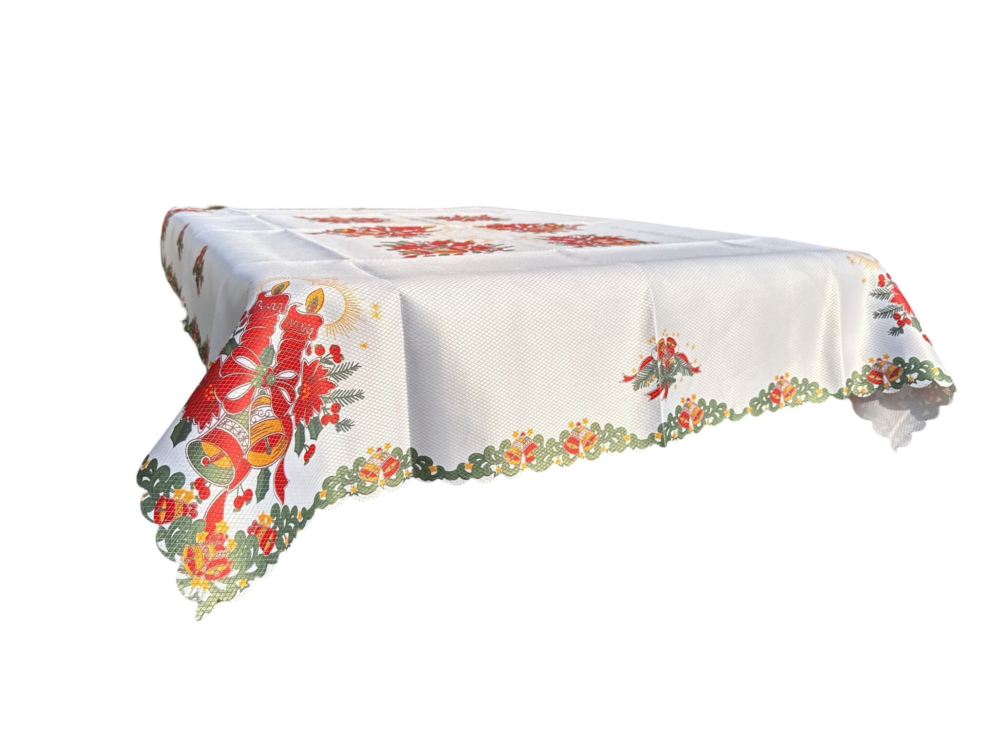 🕯🎄 Față de Masă Crăciun 130x180 cm – Model Cu Lumânări Roșii & Globuri Aurii