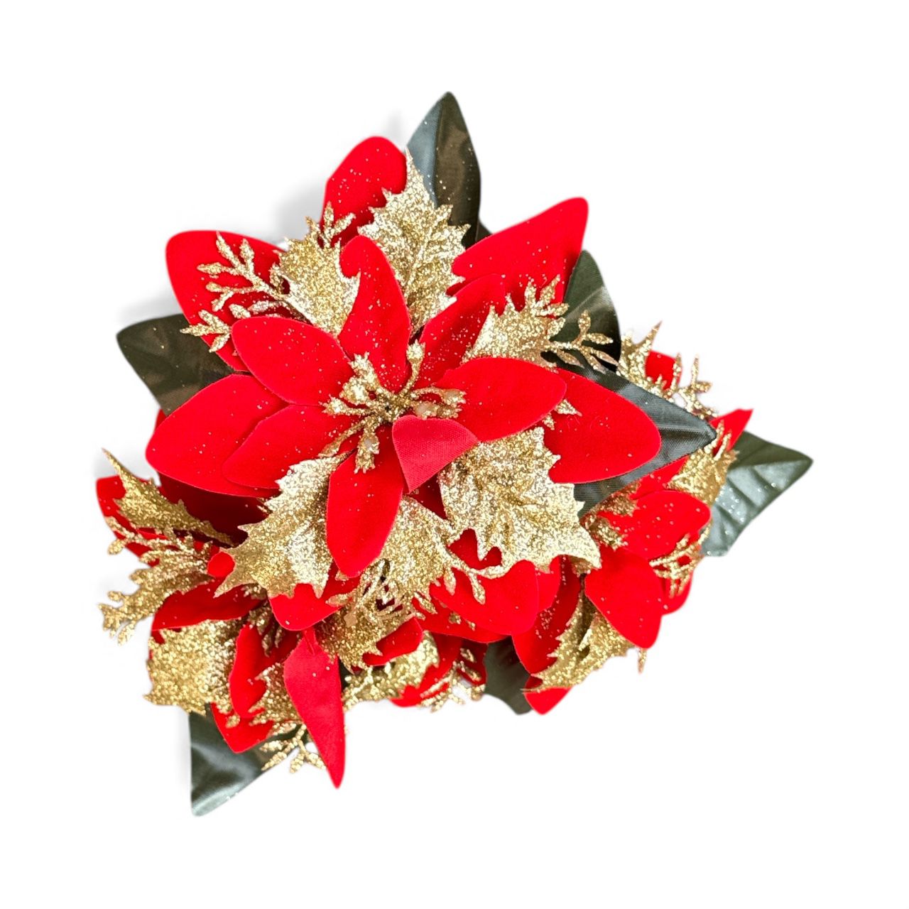 🌺 Poinsettia Decorativă de Crăciun în Ghiveci – 25 cm, Roșu & Auriu, Model Premium ✨