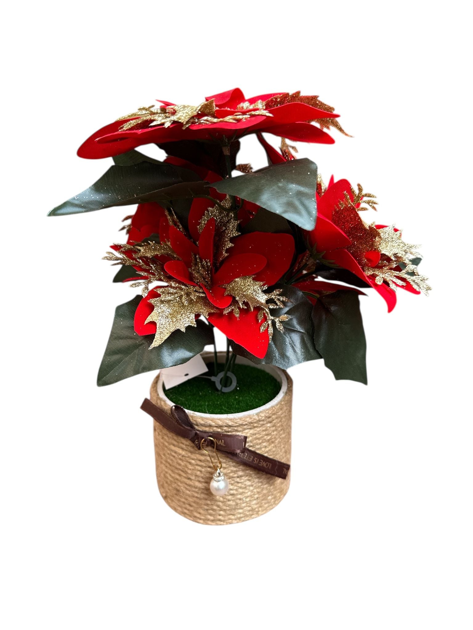 🌺 Poinsettia Decorativă de Crăciun în Ghiveci – 25 cm, Roșu & Auriu, Model Premium ✨