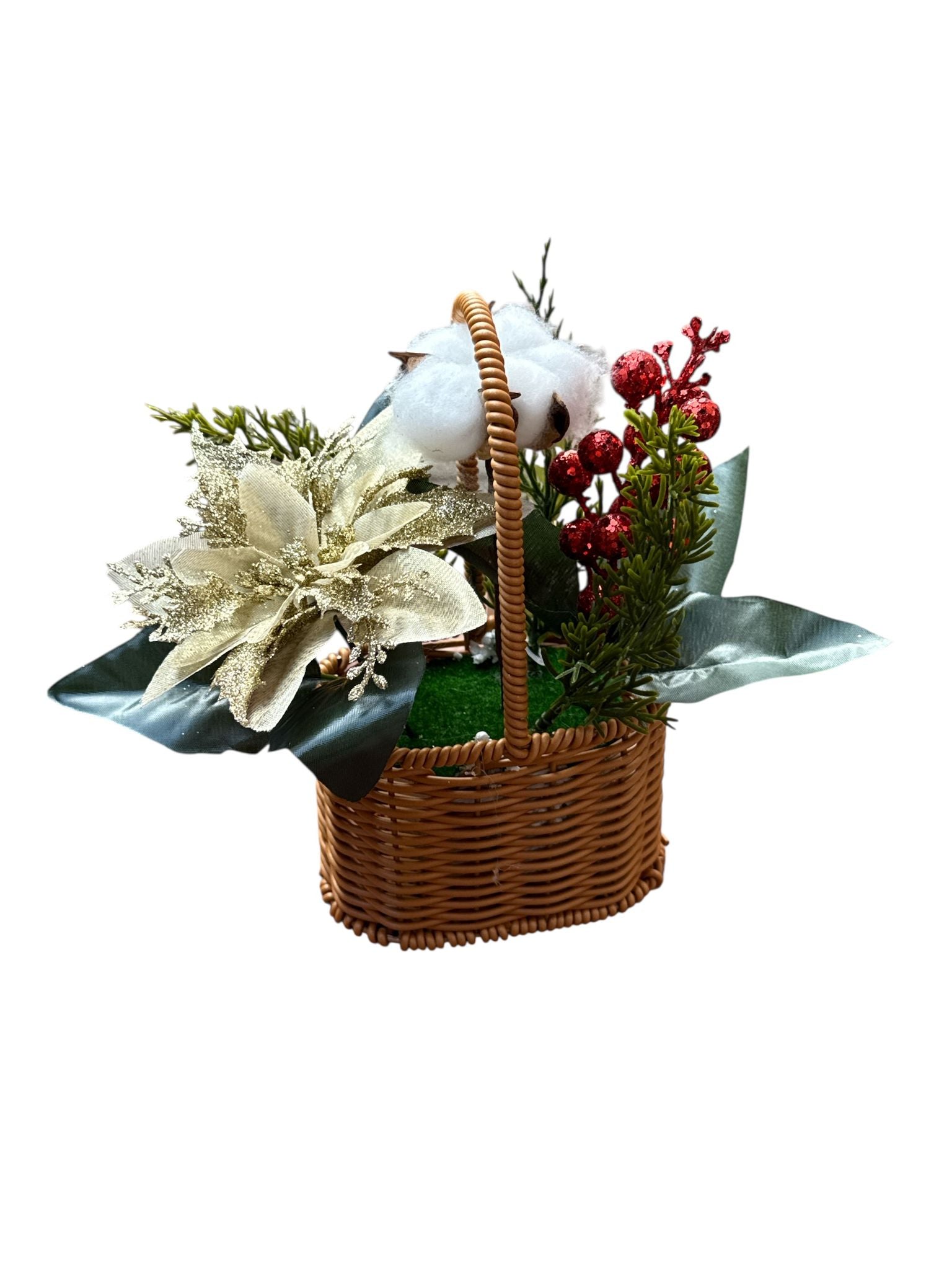 🎄 Coșuleț Decorativ Crăciun cu Floare Aurie & Elemente Festive – 25 cm ✨