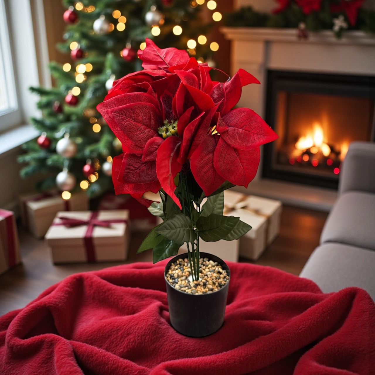 🌺 Poinsettia Artificială Deluxe în Ghiveci – 50 cm 🌺