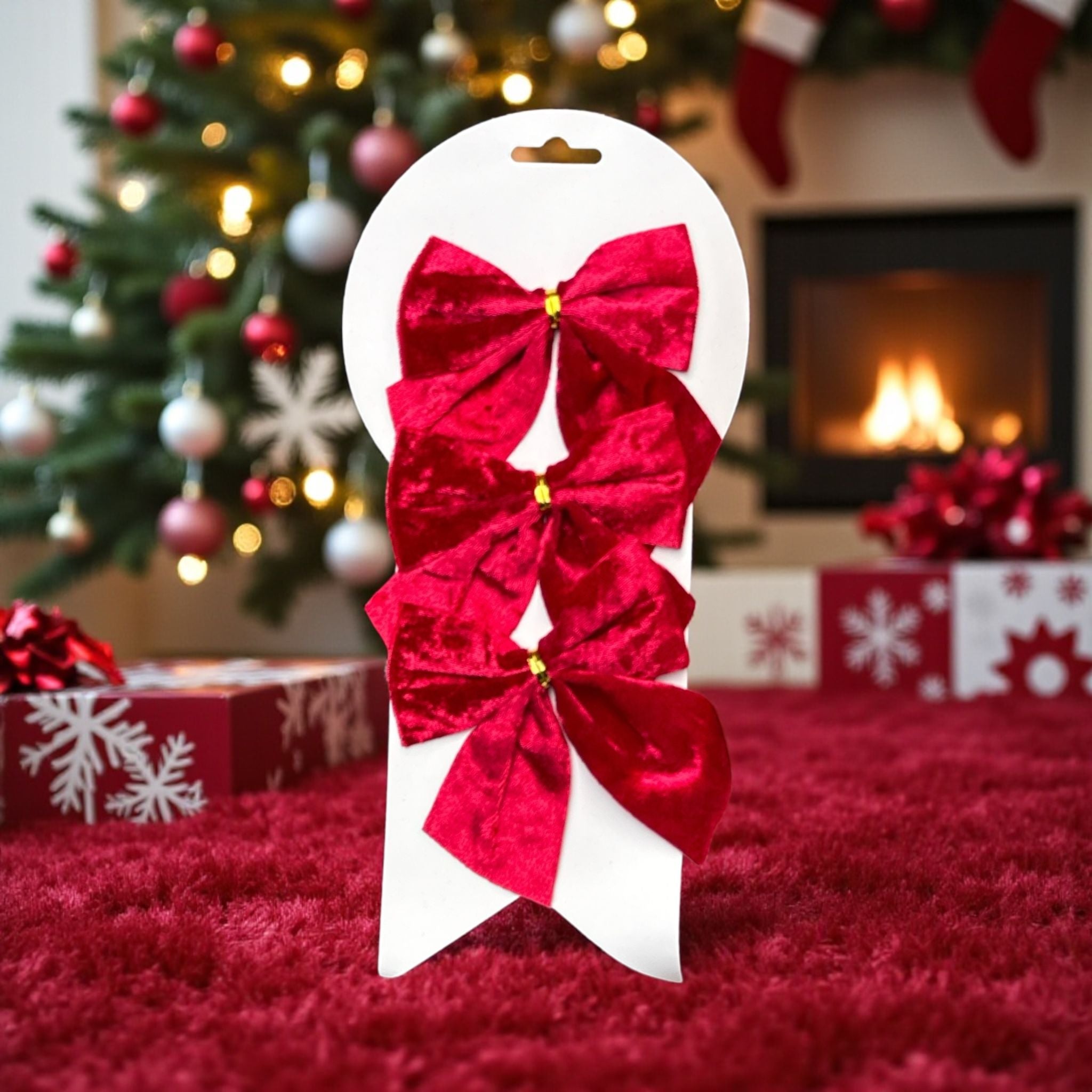 🎀 Set 3 Funde Roșii din Catifea – Decor Crăciun pentru Brad, Cadouri și Aranjamente 🎀