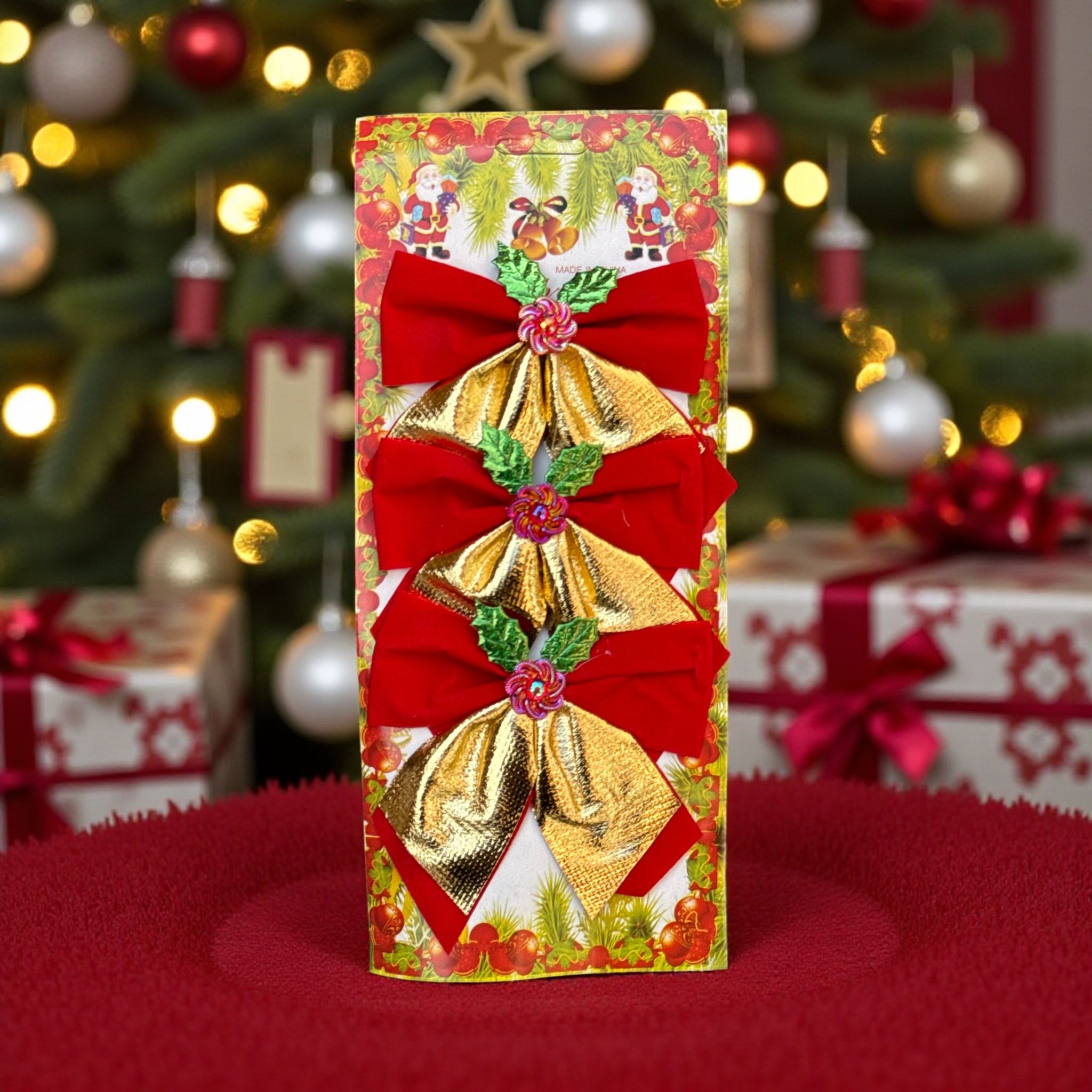 🎀✨ Set 3 Funde Crăciun Roșu & Auriu cu Decor Floral – Ornamente Premium pentru Brad ✨🎀