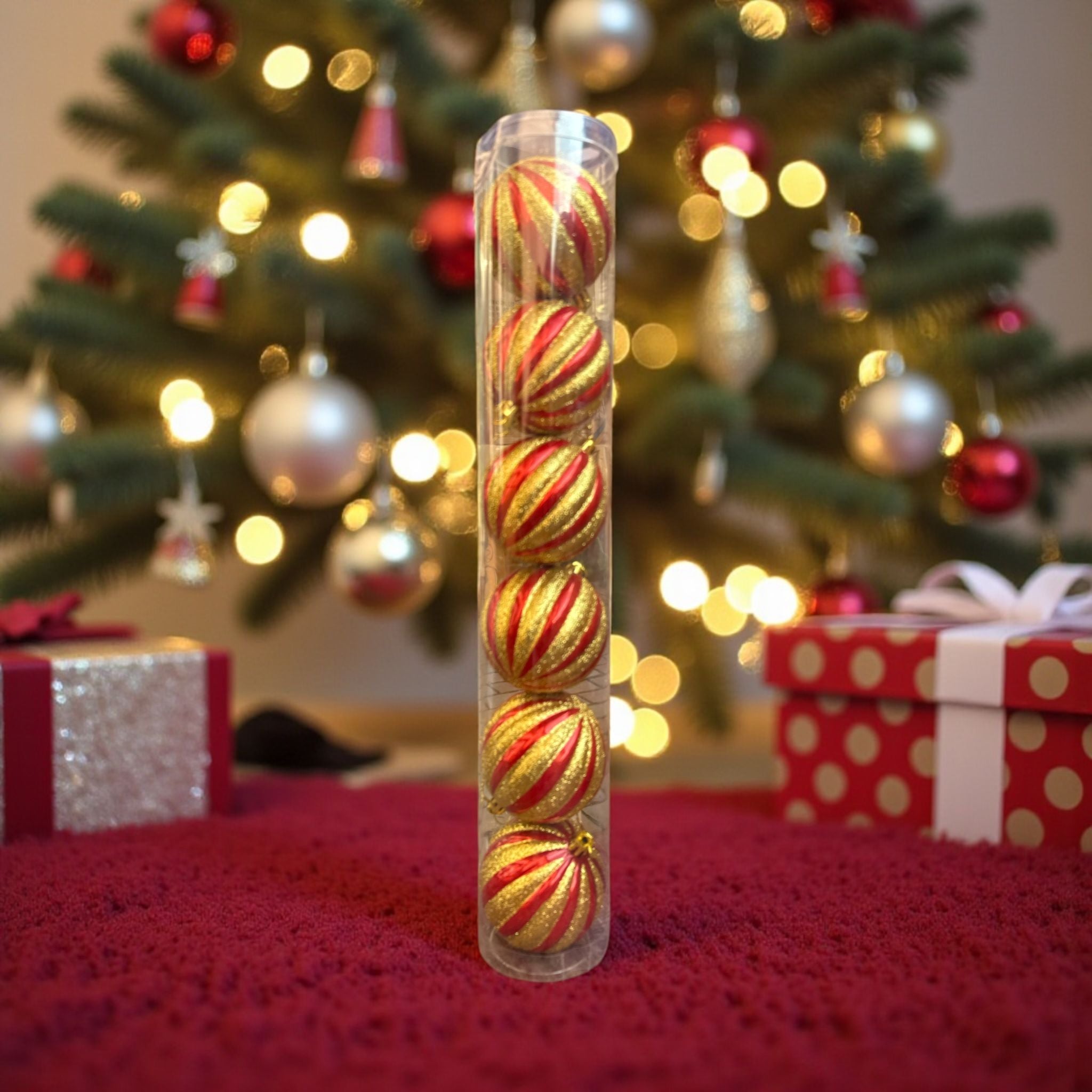 🎄✨ Set 6 Globuri Crăciun Roșu & Auriu – Ornamente Strălucitoare pentru Brad ✨🎄