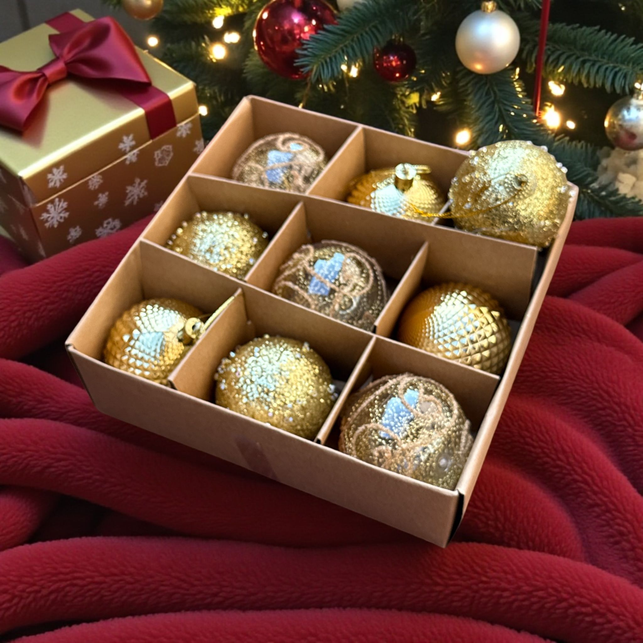 🎄✨ Set 9 Globuri Crăciun Aurii Premium – Modele Diverse, Elegant Finisate ✨🎄