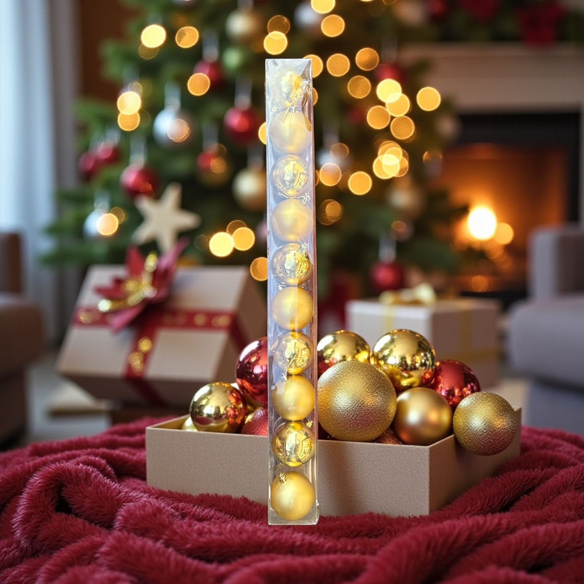 🎄✨ Set 10 Globuri Crăciun Aurii – 10 Bucăți în Tub Transparent ✨🎄