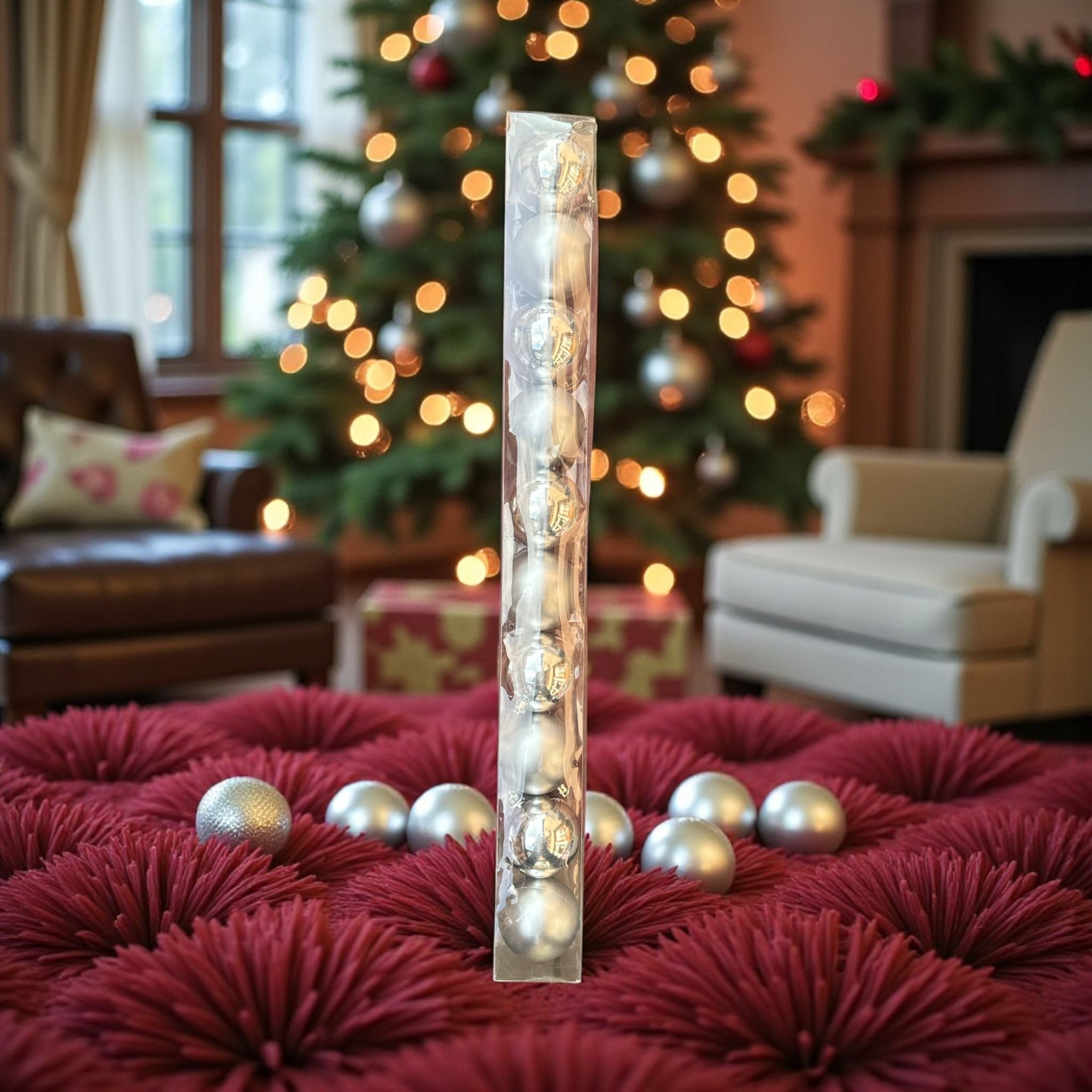 ❄️✨ Set 10 Globuri Crăciun Argintii – 10 Bucăți în Tub Transparent ✨❄️