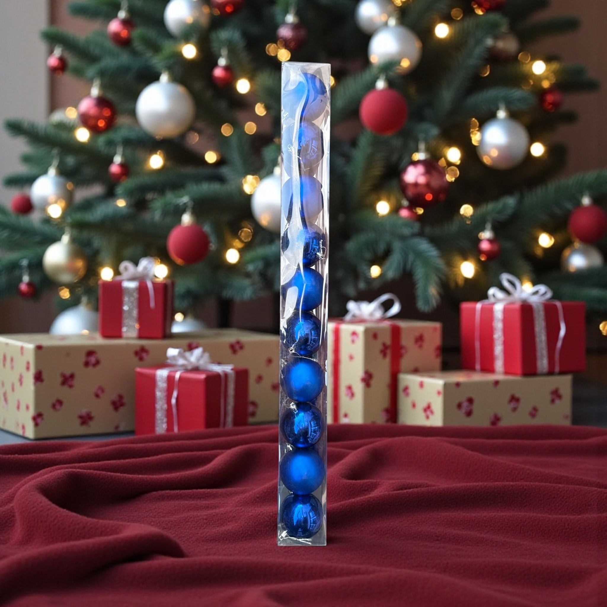 💙✨ Set 10 Globuri Crăciun Albastre – 10 Bucăți în Tub Transparent ✨💙