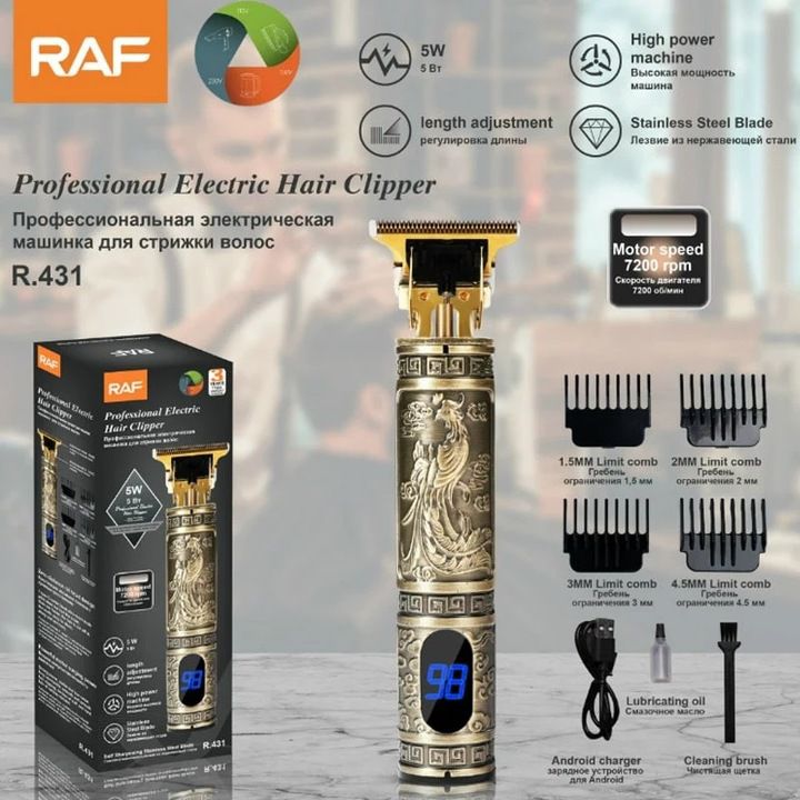Aparat de tuns profesional RAF R.431 – lame inox, afisaj digital, acumulator USB
