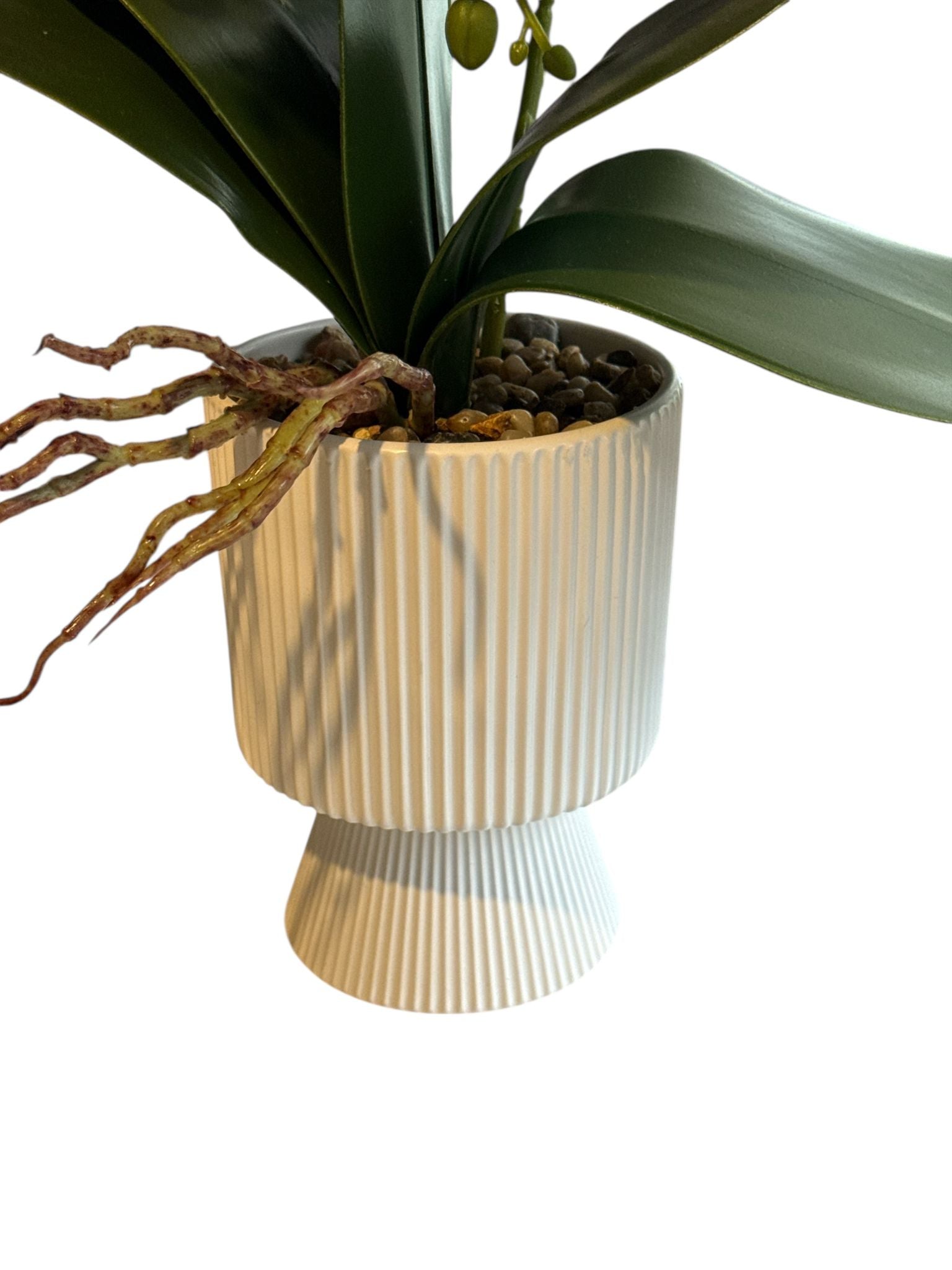 Floare artificiala tip orhidee in ghiveci ceramic decorativ, 55 cm – crem cu mov