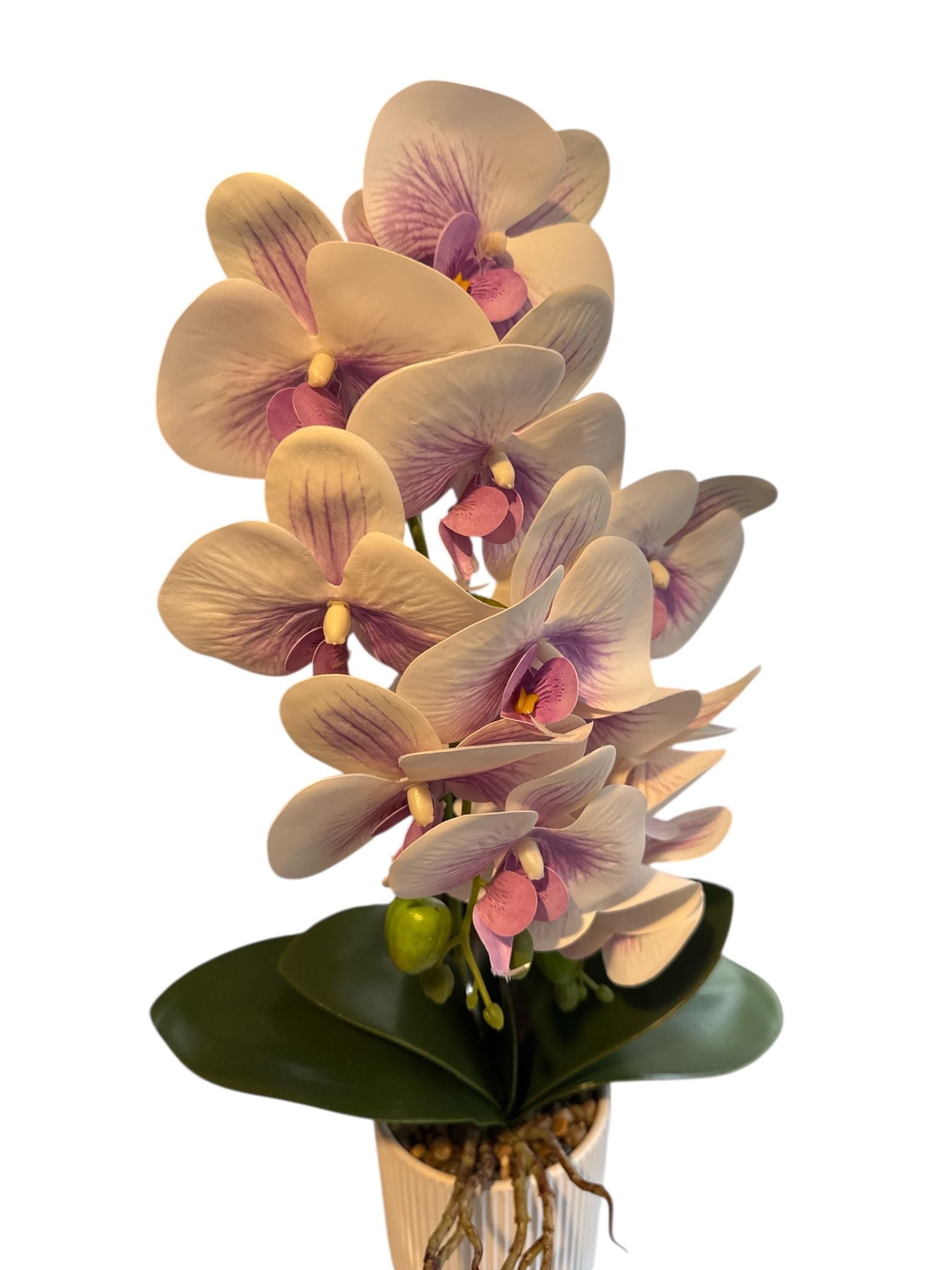 Floare artificiala tip orhidee in ghiveci ceramic decorativ, 55 cm – crem cu mov
