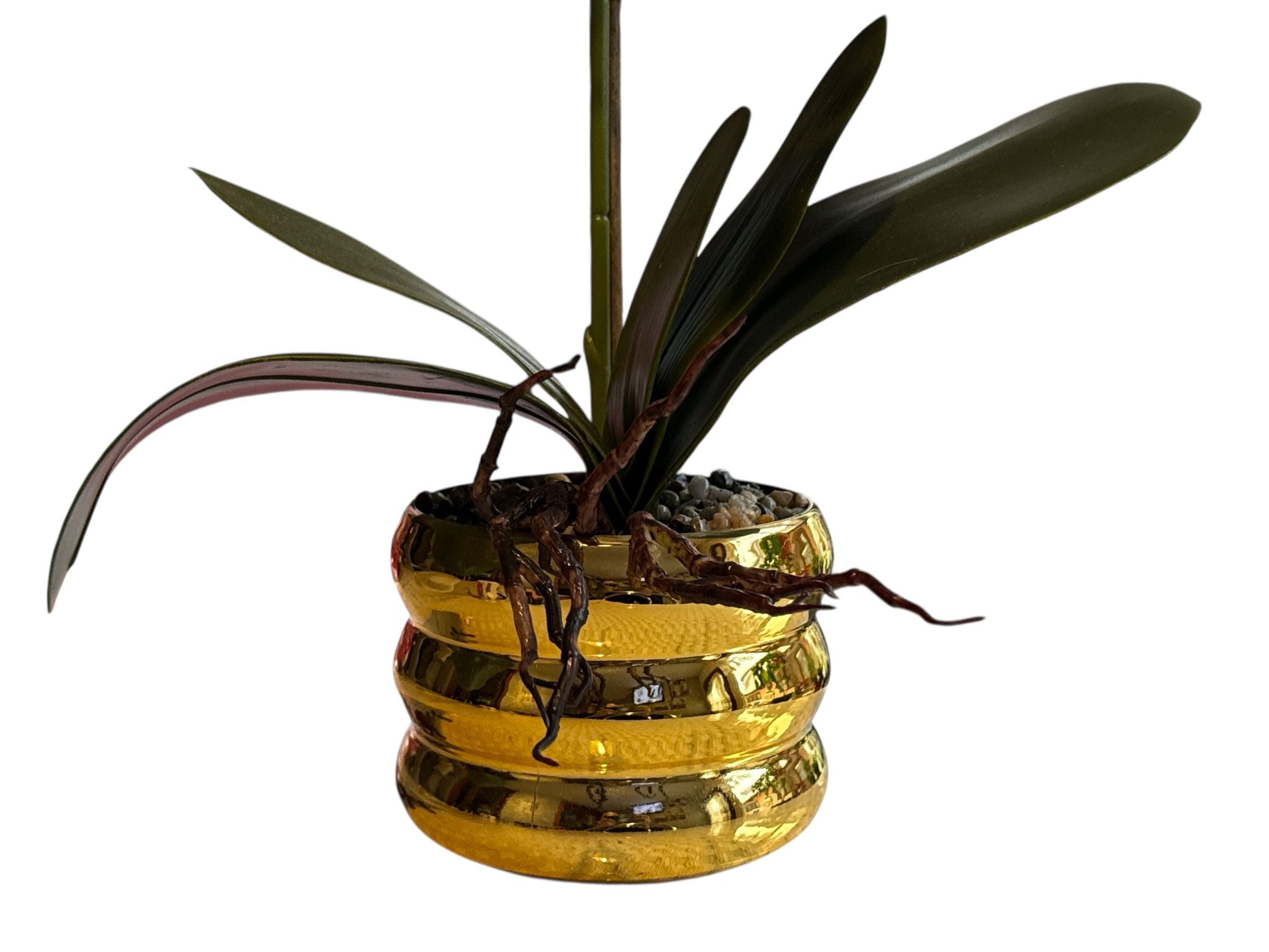 Floare artificiala tip orhidee in ghiveci ceramic decorativ, 55 cm – crem cu mov, auriu