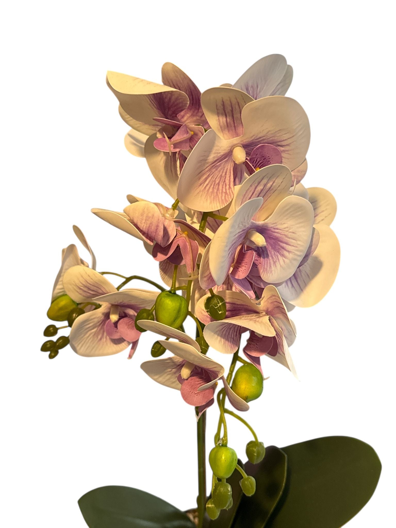 Floare artificiala tip orhidee in ghiveci ceramic decorativ, 55 cm – crem cu mov, auriu