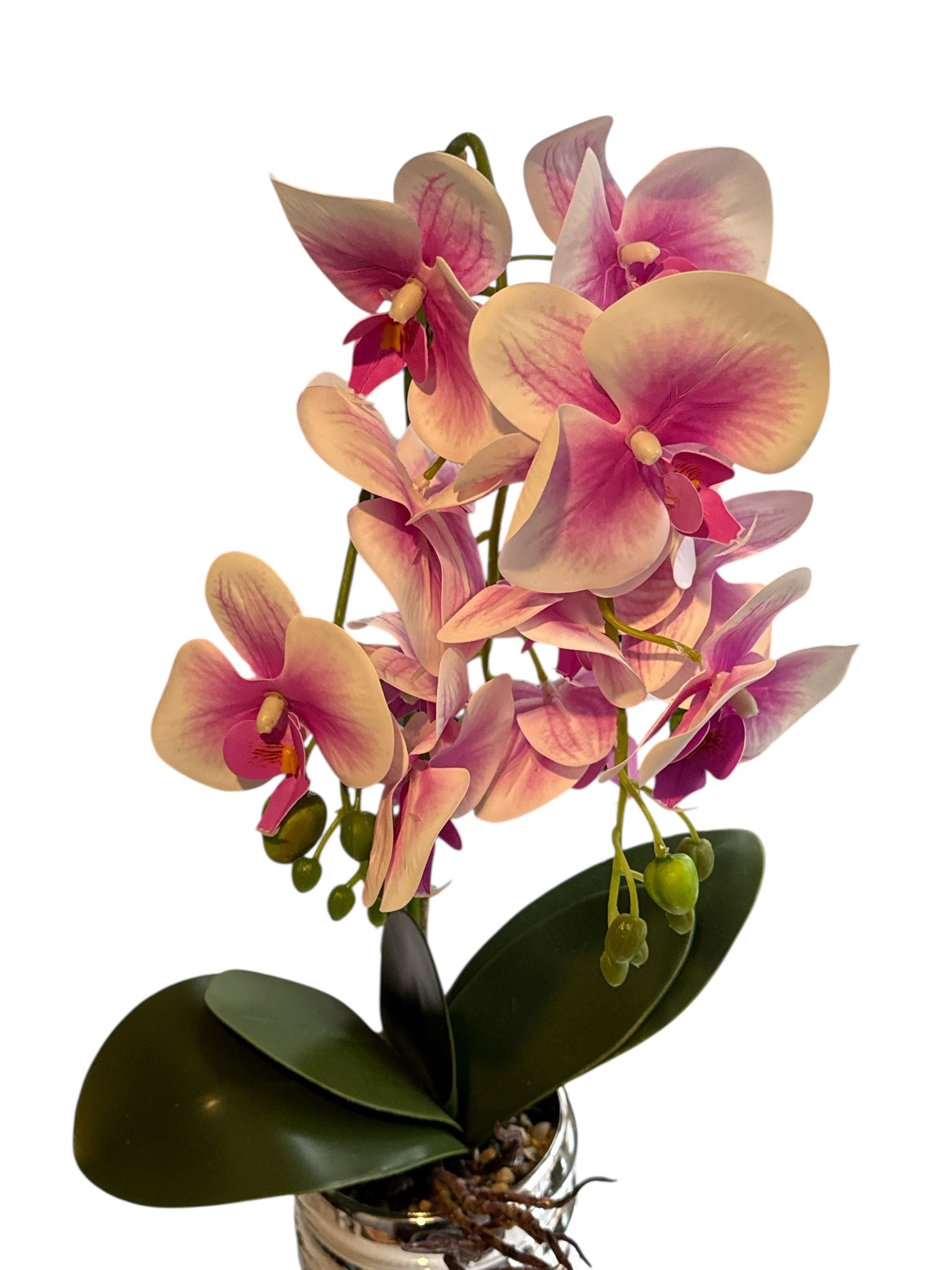 Floare artificiala tip orhidee in ghiveci ceramic decorativ, 55 cm – roz, argintiu
