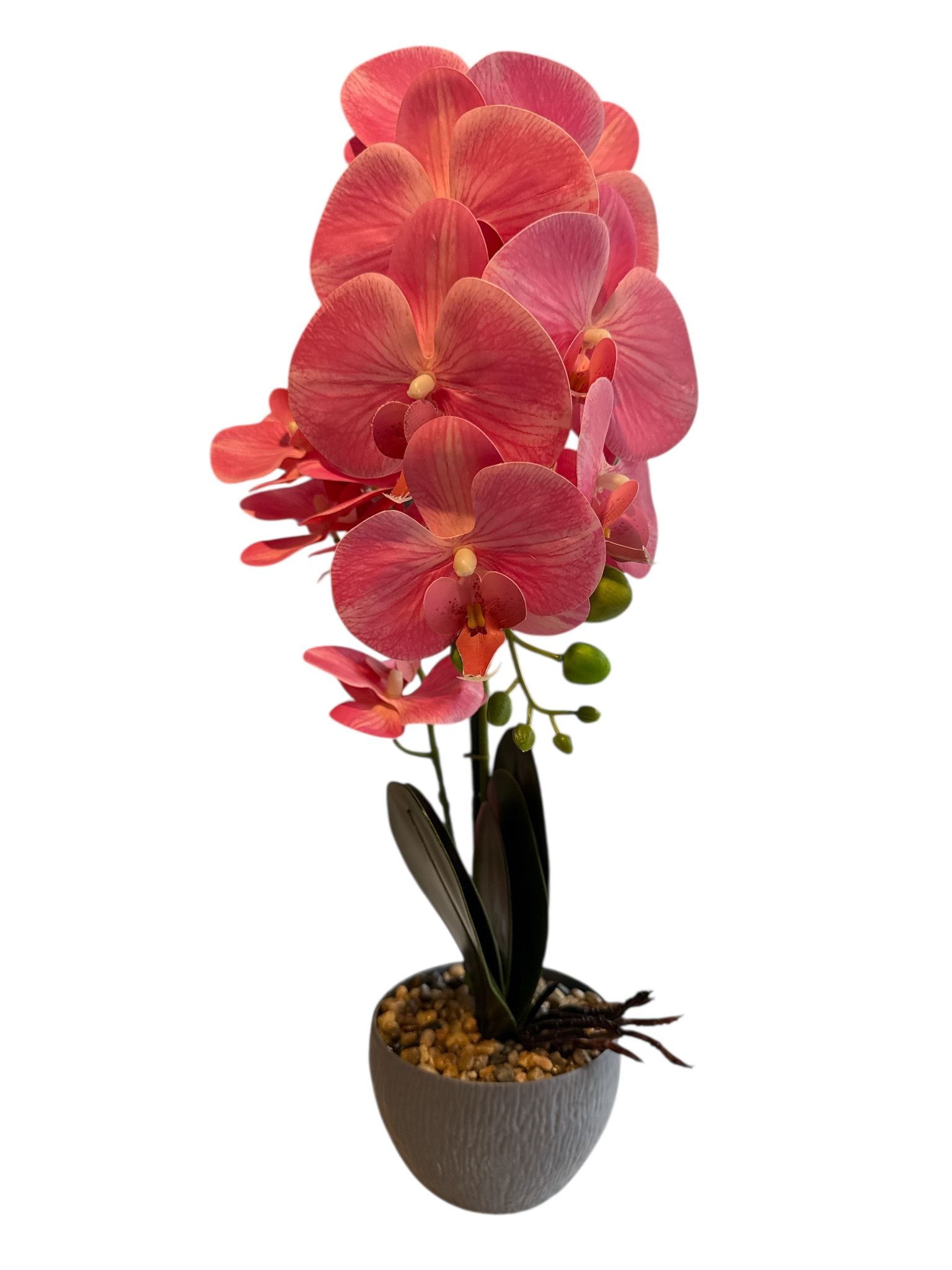 Floare artificială tip orhidee în ghiveci ceramic decorativ, 55 cm – roz coral, gri