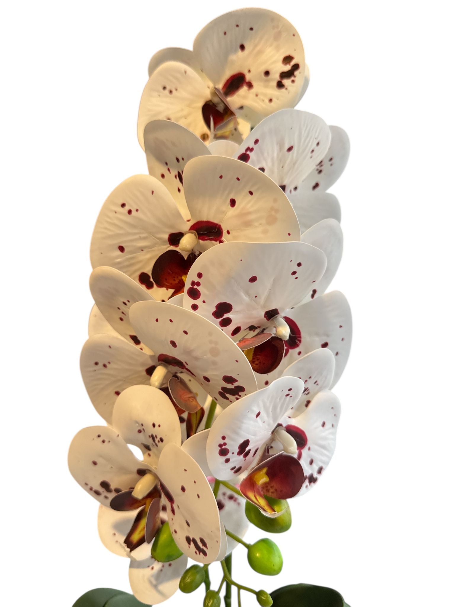 Floare artificială tip orhidee în ghiveci ceramic decorativ, 55 cm – alb-crem cu pete bordo, gri