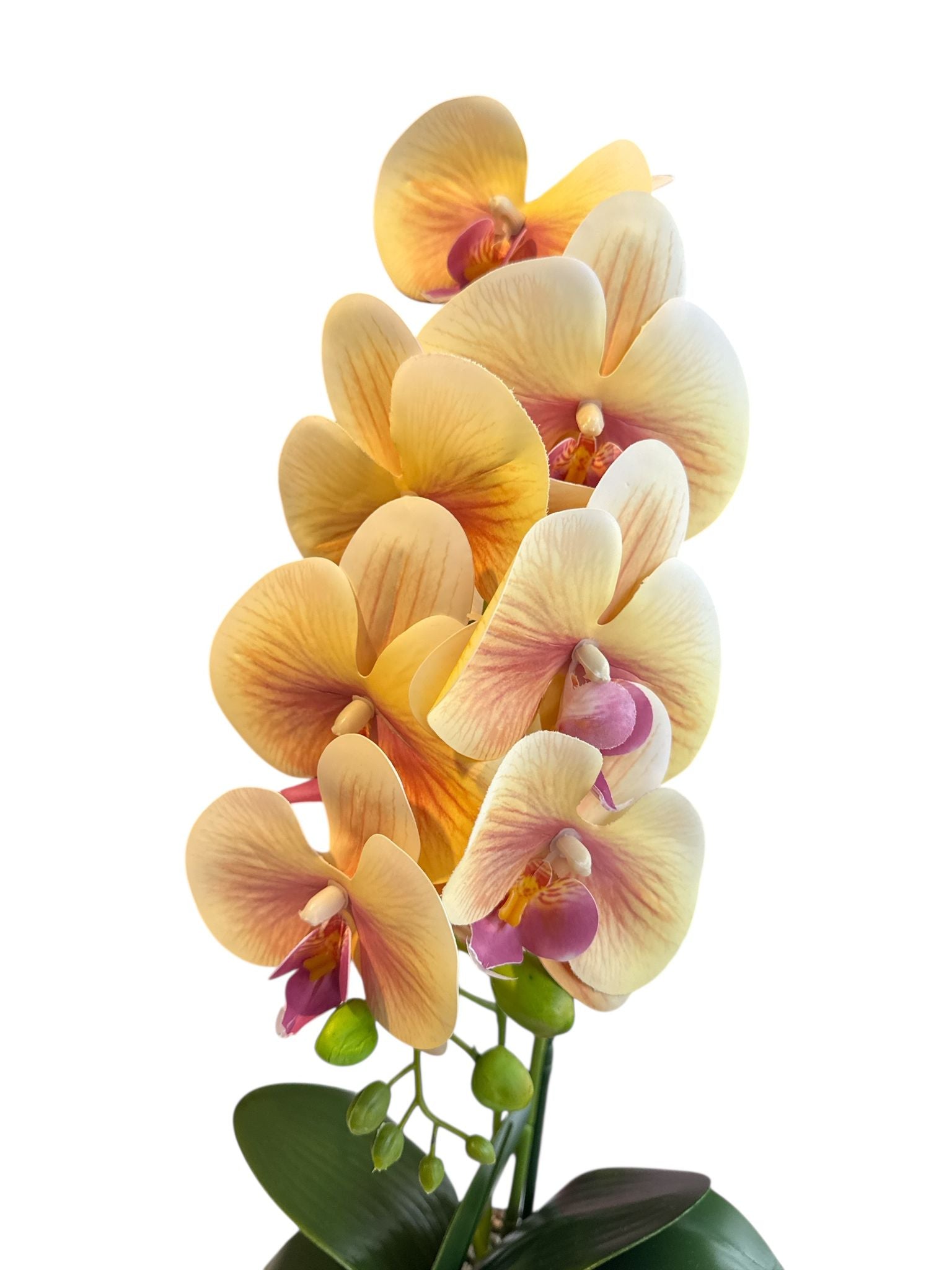 Floare artificială tip orhidee în ghiveci ceramic decorativ, 55 cm – galben-auriu cu roz, gri