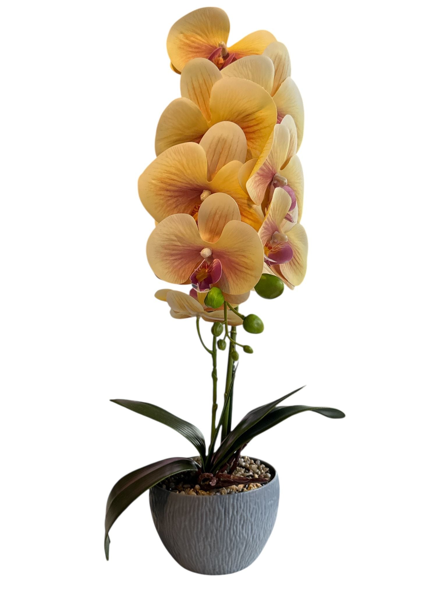 Floare artificială tip orhidee în ghiveci ceramic decorativ, 55 cm – galben-auriu cu roz, gri