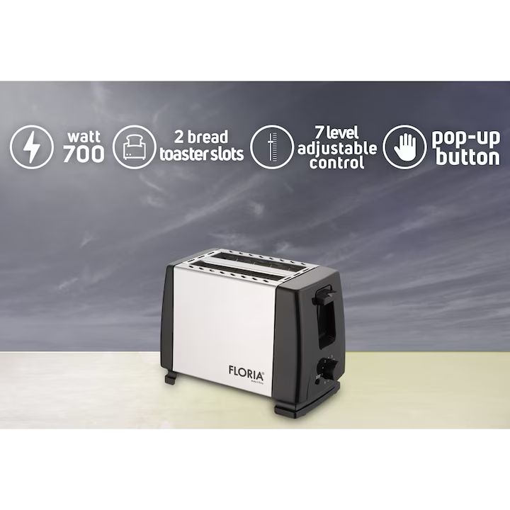 Prajitor de paine Zilan 1840 (Floria), 700W, 2 felii, 7 niveluri rumenire, pop-up, inox/negru