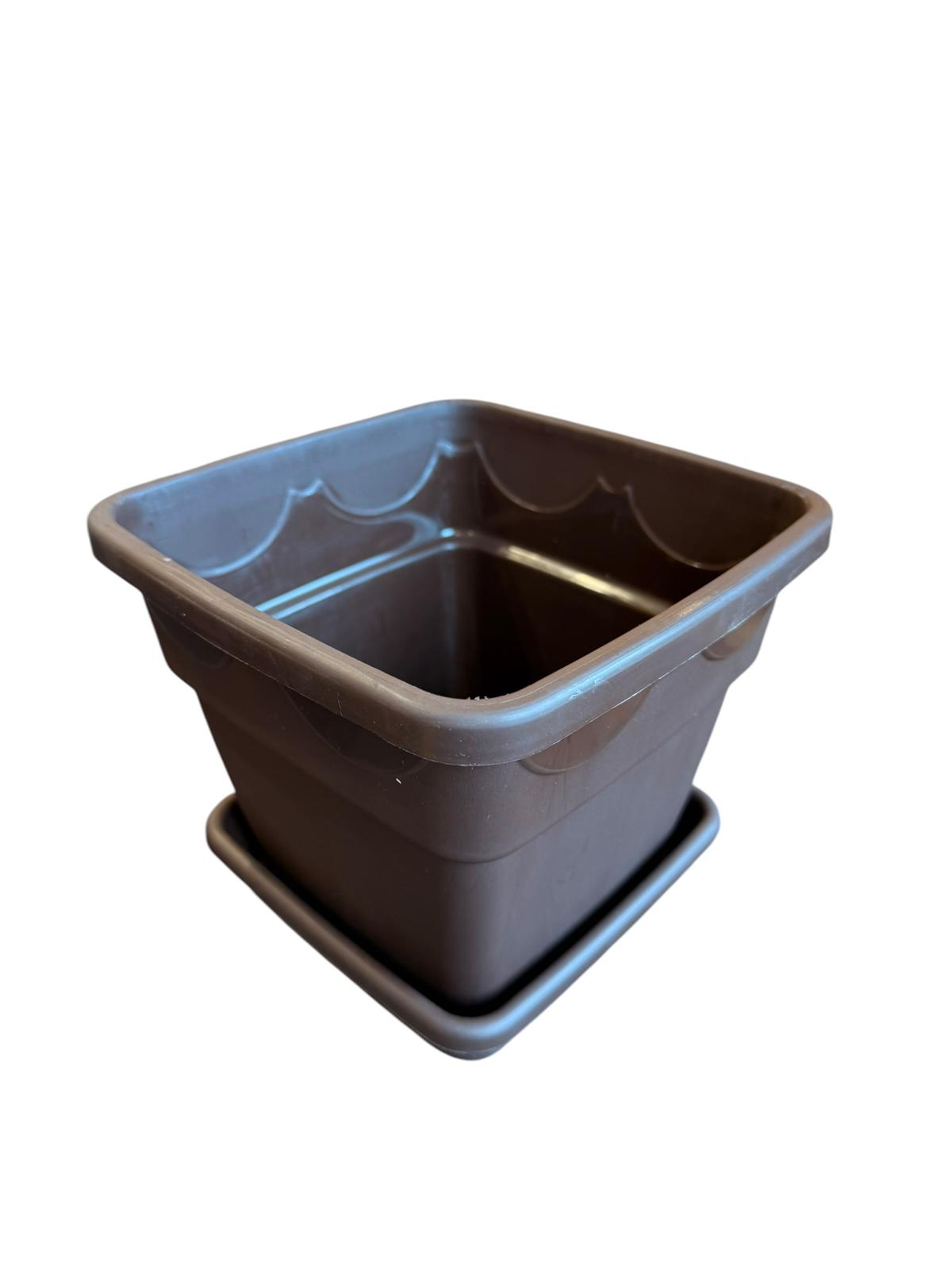 Ghiveci plastic patrat 18 cm cu farfurie maro inchis