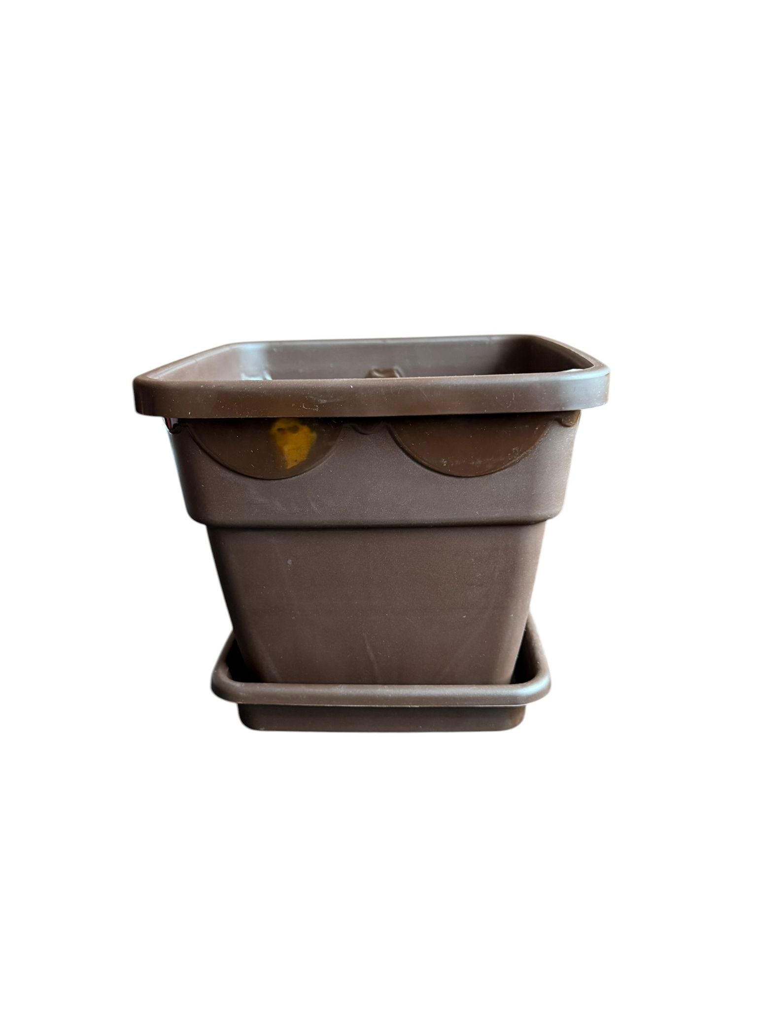 Ghiveci plastic patrat 20 cm cu farfurie maro inchis