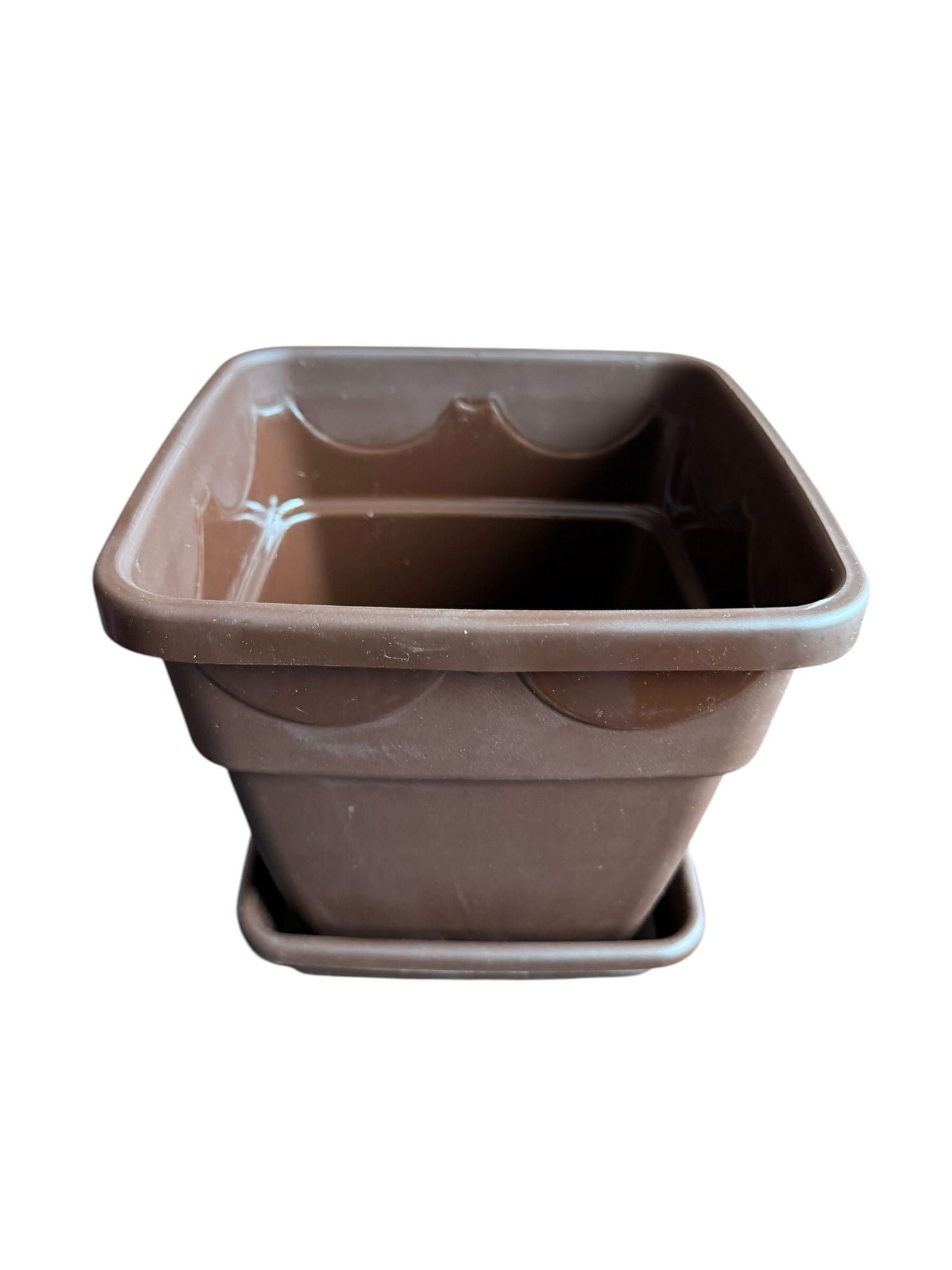 Ghiveci plastic patrat 20 cm cu farfurie maro inchis
