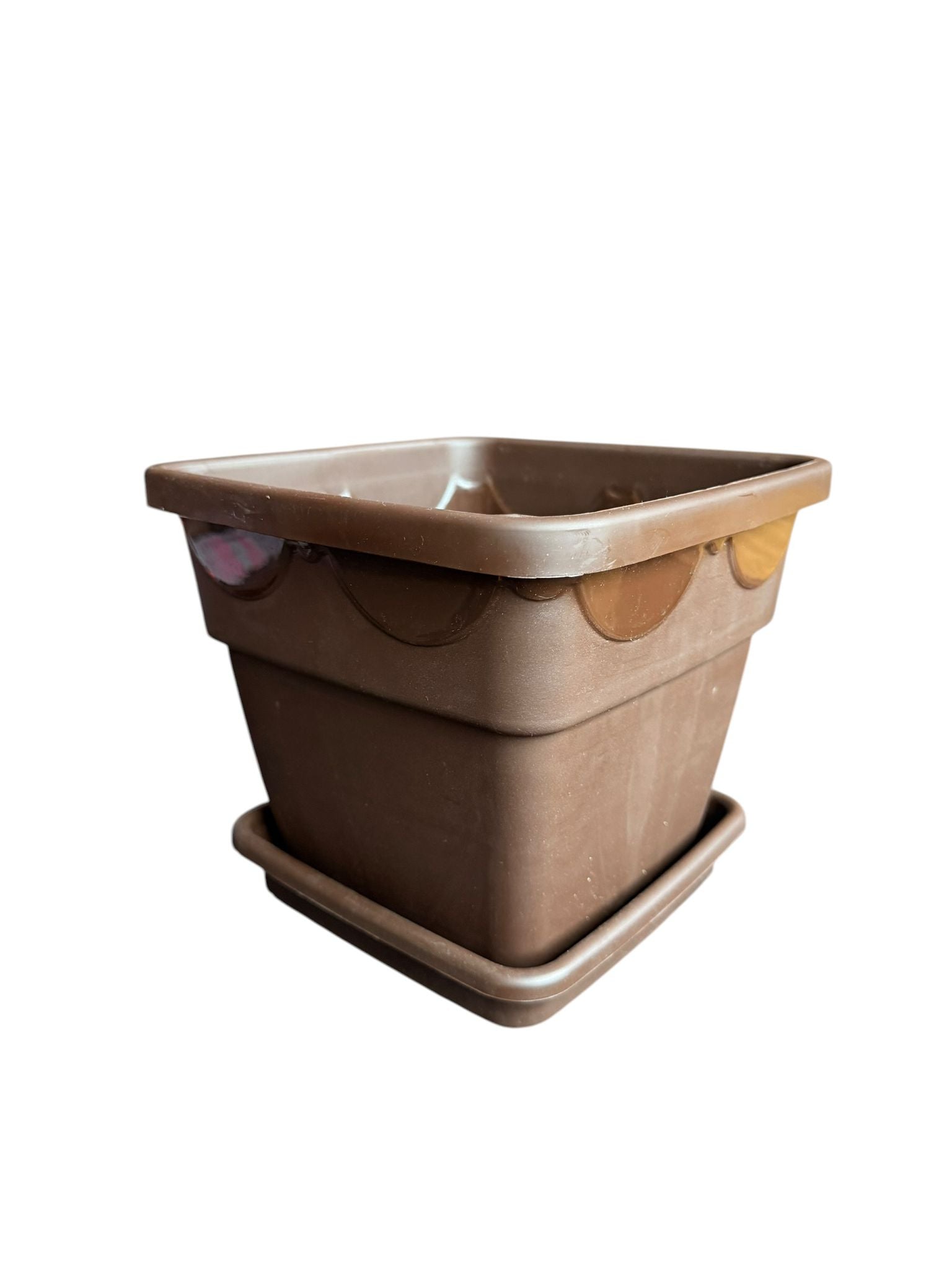 Ghiveci plastic patrat 20 cm cu farfurie maro inchis