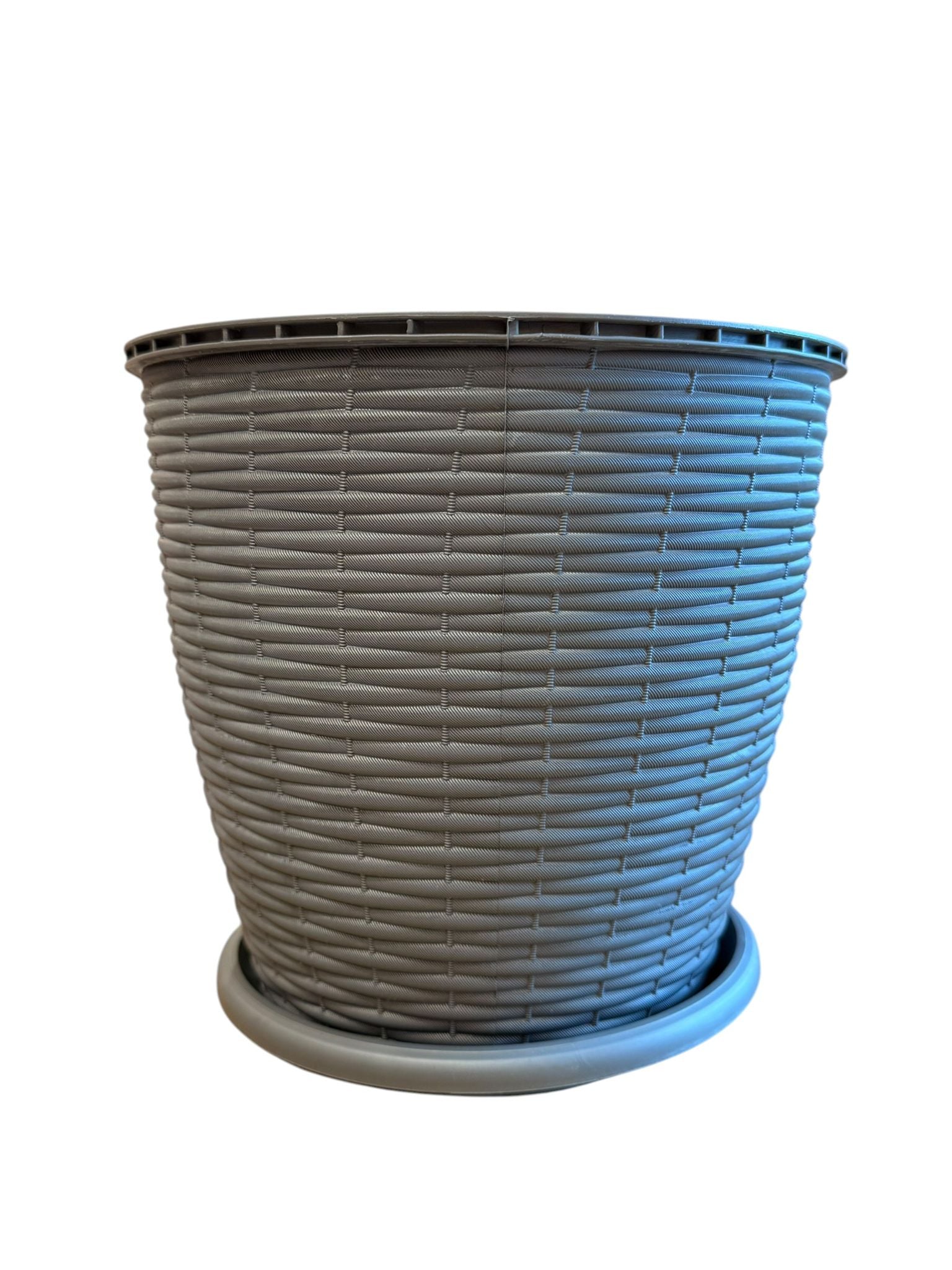 Ghiveci plastic rotund ratan 6L 22.5 cm cu farfurie gri