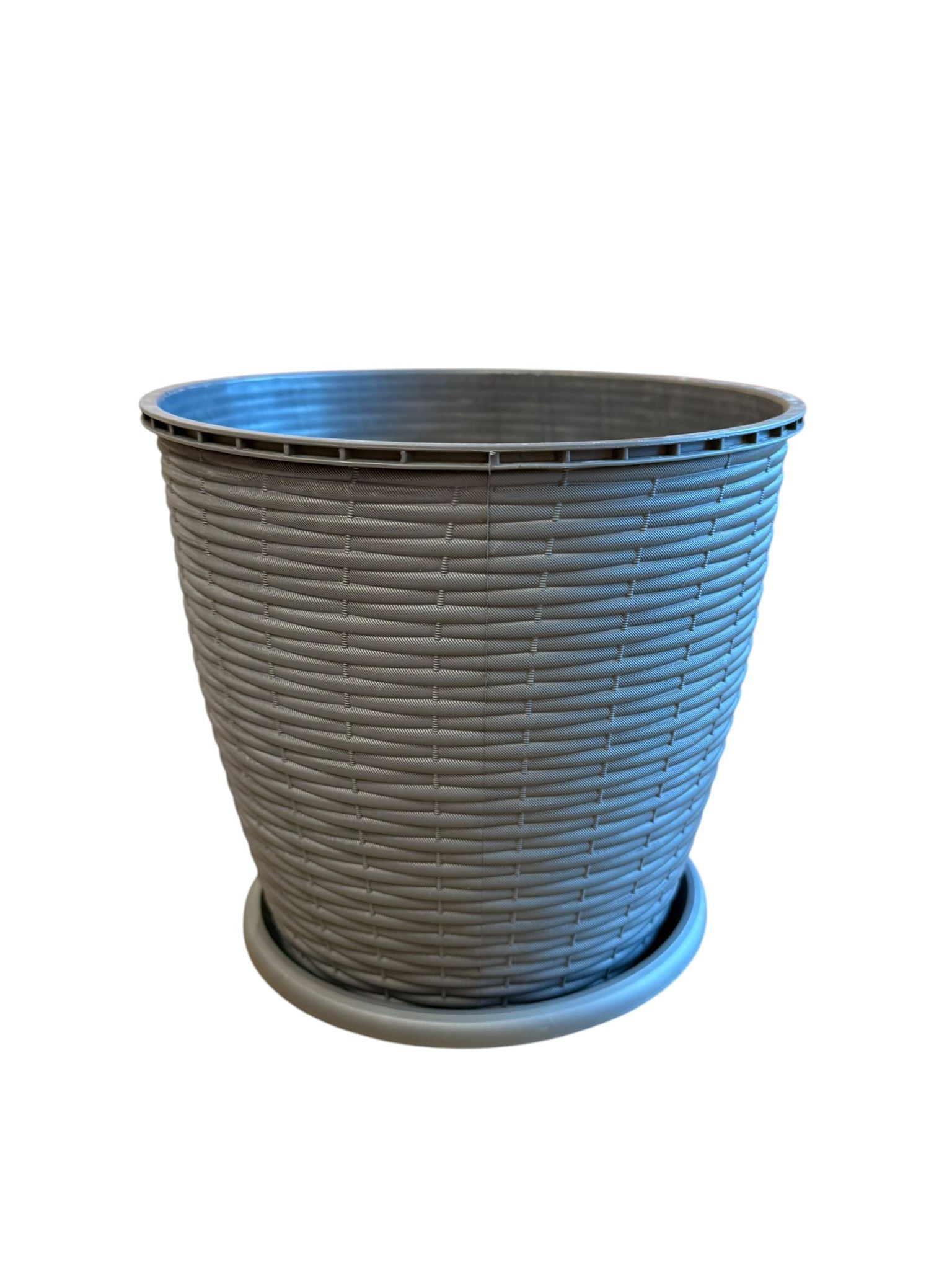 Ghiveci plastic rotund ratan 6L 22.5 cm cu farfurie gri