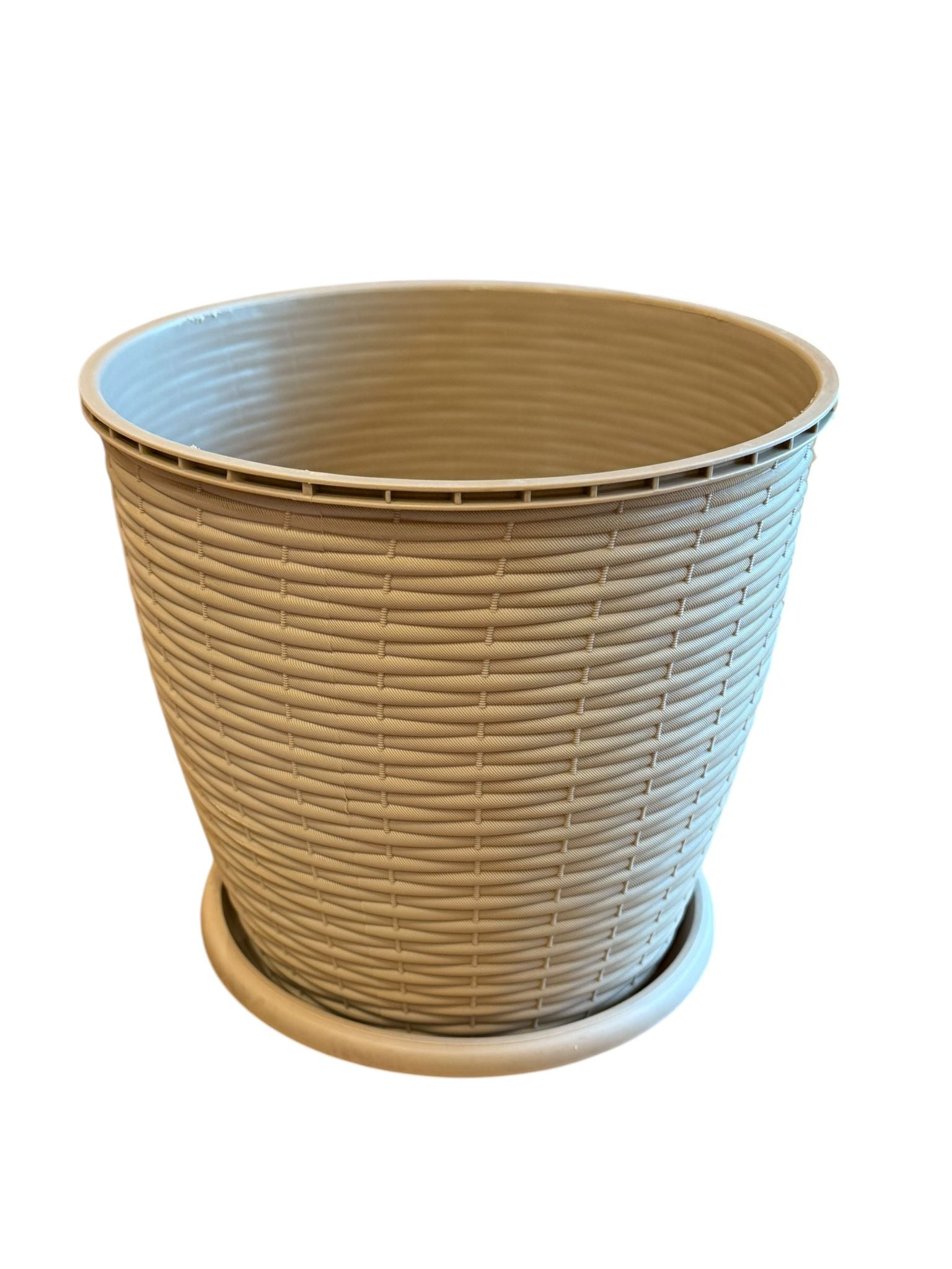 Ghiveci plastic rotund ratan 6L 22.5 cm cu farfurie crem