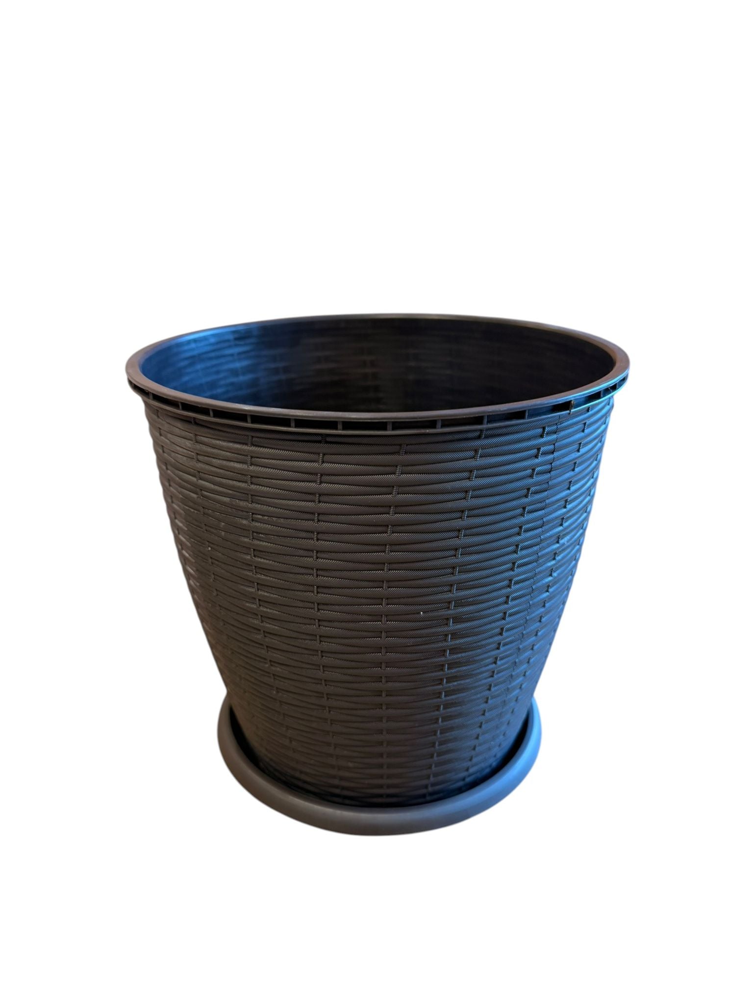 Ghiveci plastic rotund ratan 9L 25.5 cm cu farfurie gri