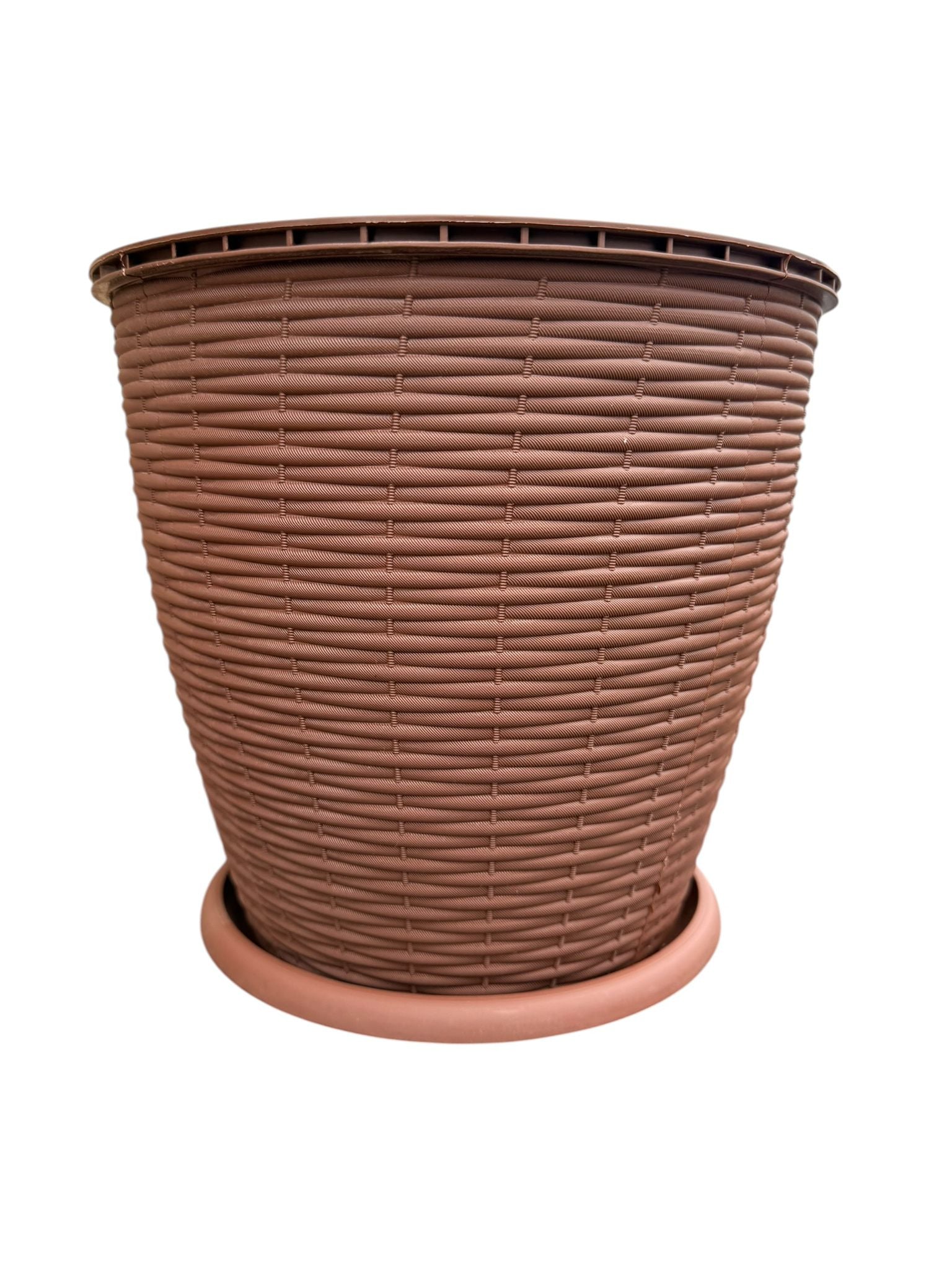 Ghiveci plastic rotund ratan 9L 25.5 cm cu farfurie maro