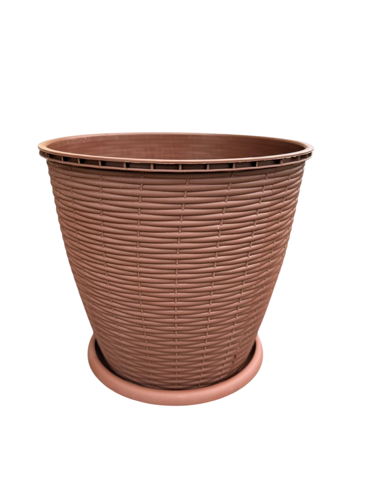 Ghiveci plastic rotund ratan 9L 25.5 cm cu farfurie maro