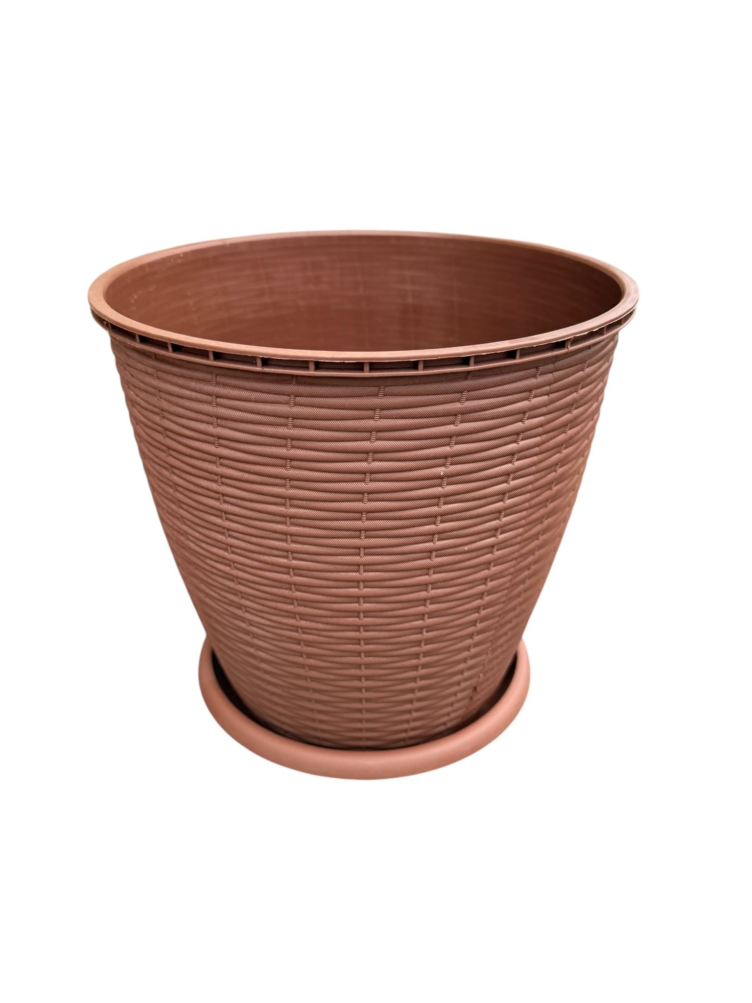 Ghiveci plastic rotund ratan 9L 25.5 cm cu farfurie maro