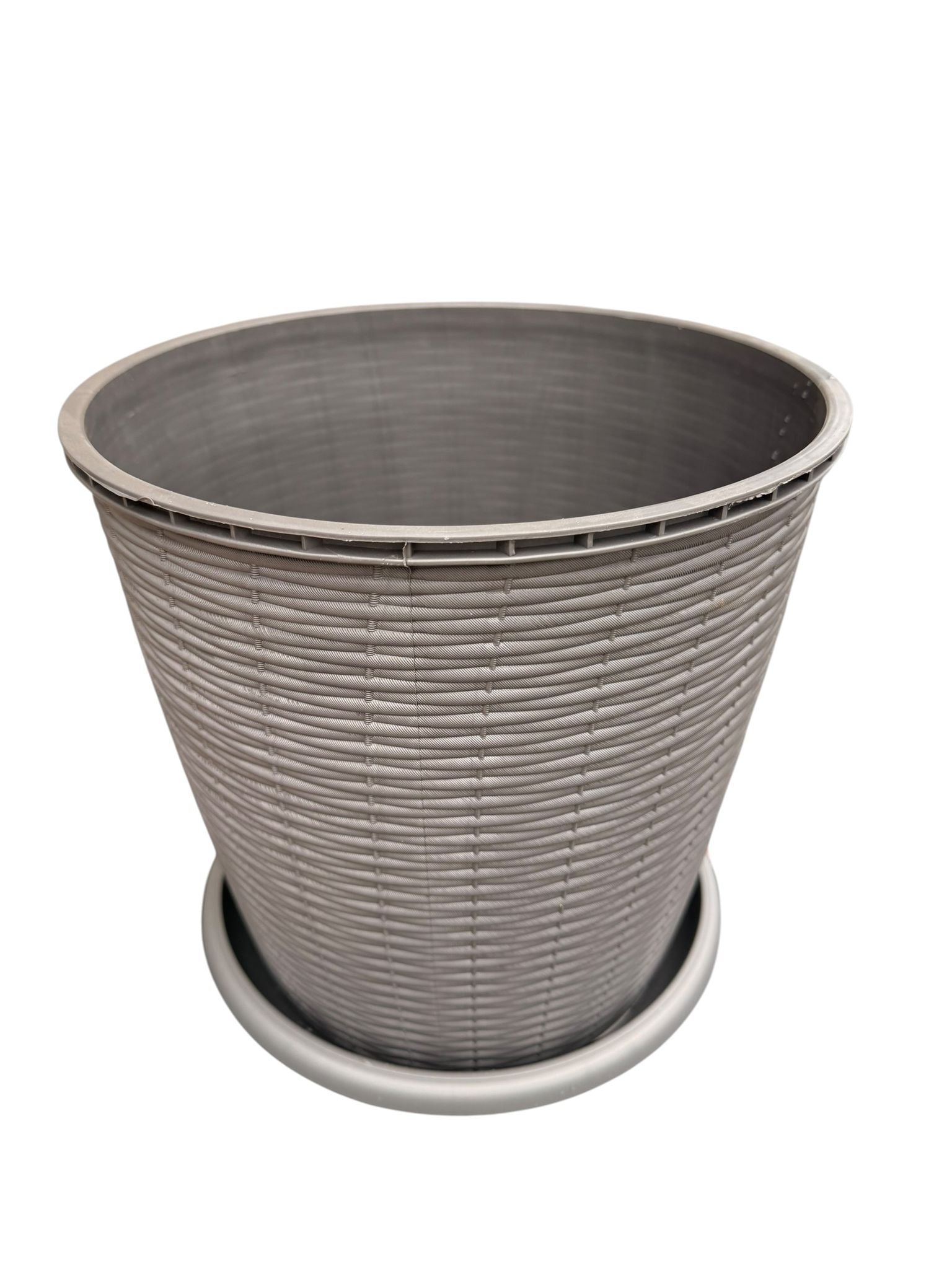 Ghiveci plastic rotund ratan 16L 29.5 cm cu farfurie gri