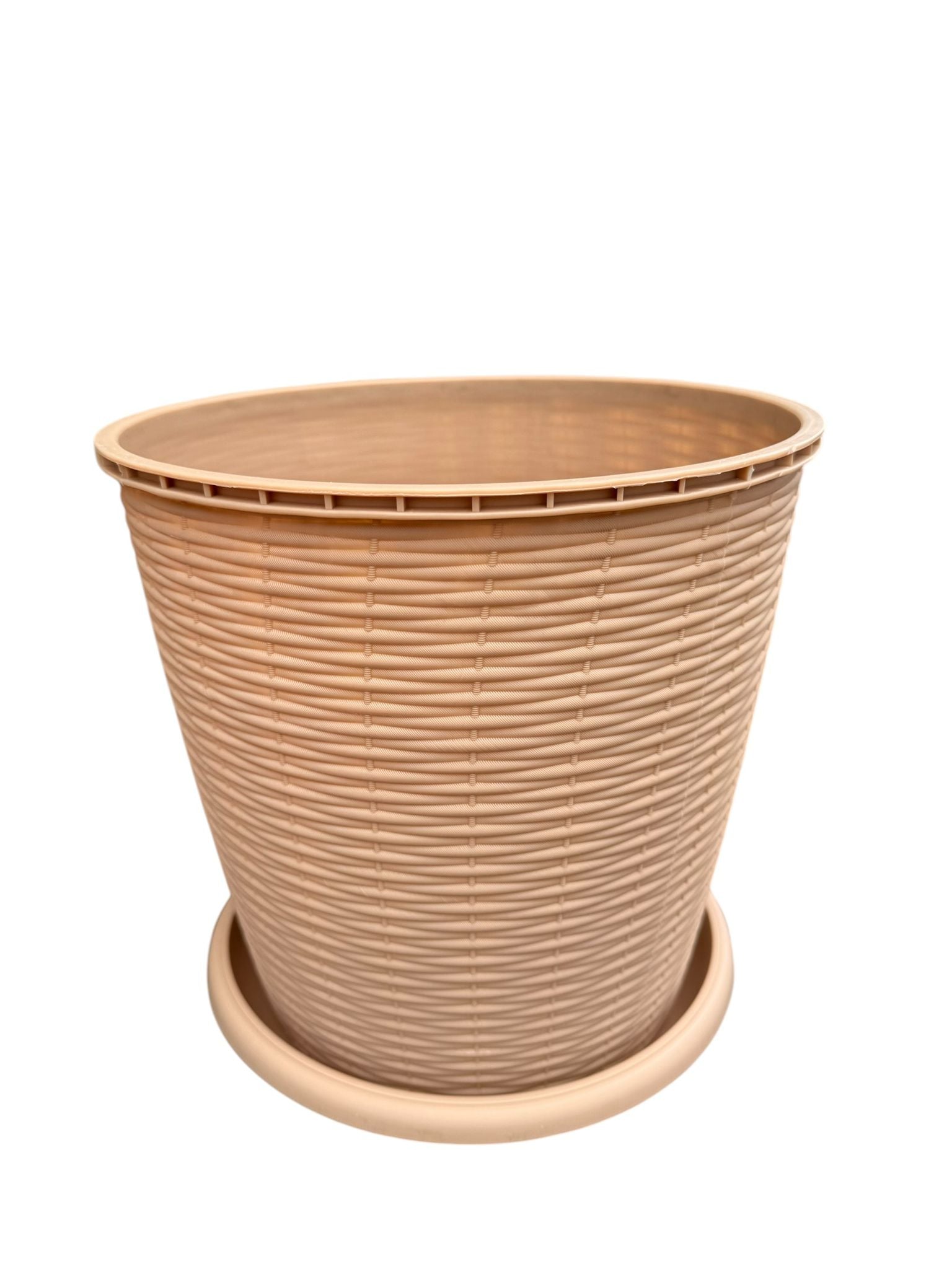Ghiveci plastic rotund ratan 16L 29.5 cm cu farfurie crem