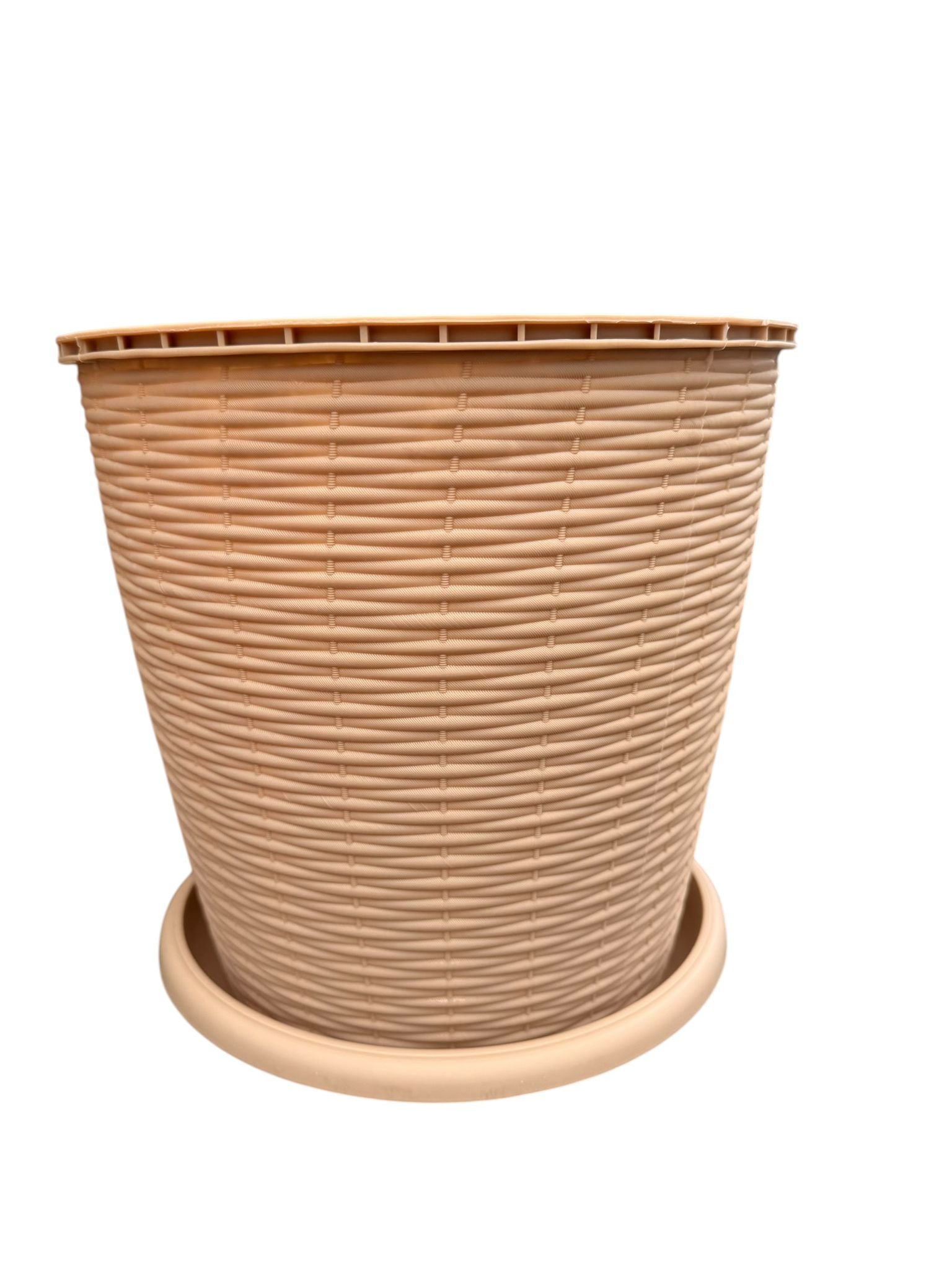 Ghiveci plastic rotund ratan 16L 29.5 cm cu farfurie crem