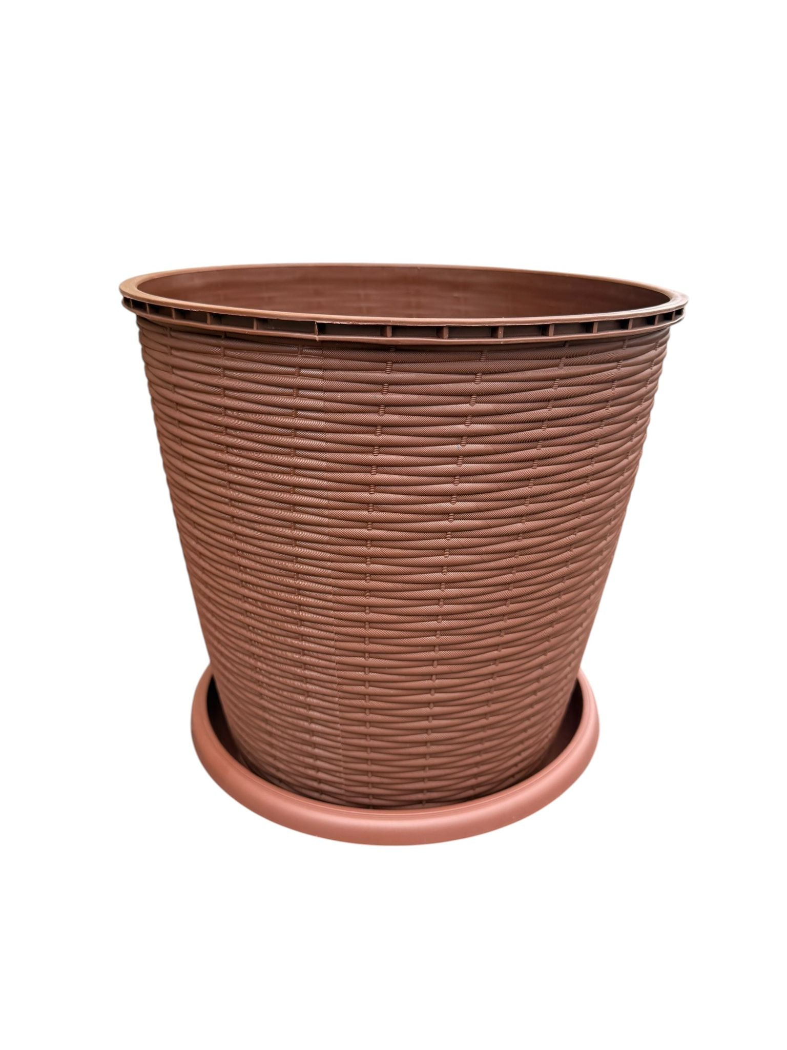 Ghiveci plastic rotund ratan 16L 29.5 cm cu farfurie maro