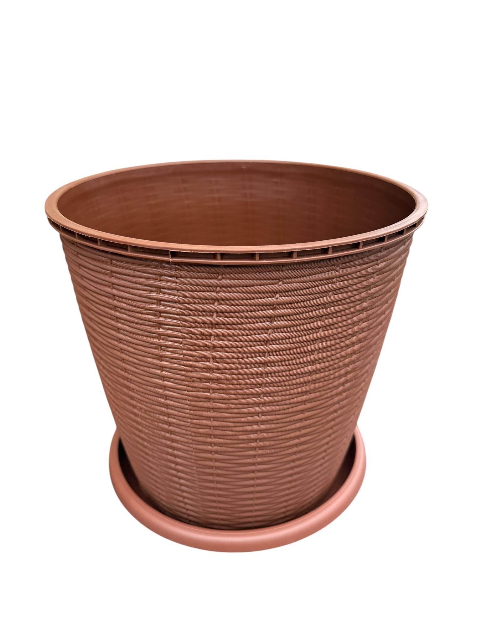 Ghiveci plastic rotund ratan 16L 29.5 cm cu farfurie maro