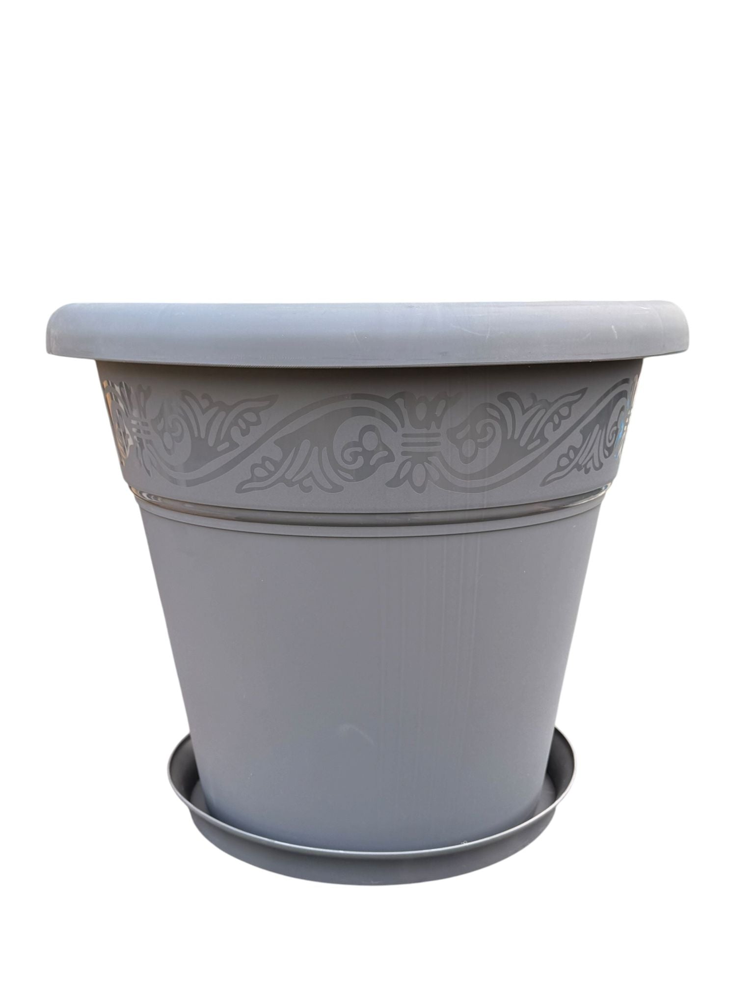 Ghiveci din plastic Lalea Nr 9 gri 39 litri 48 cm cu farfurie