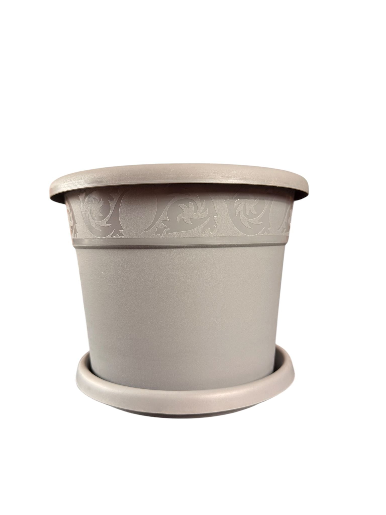 Ghiveci rotund decorativ din plastic cu farfurie gri perlat Model Nr. 7