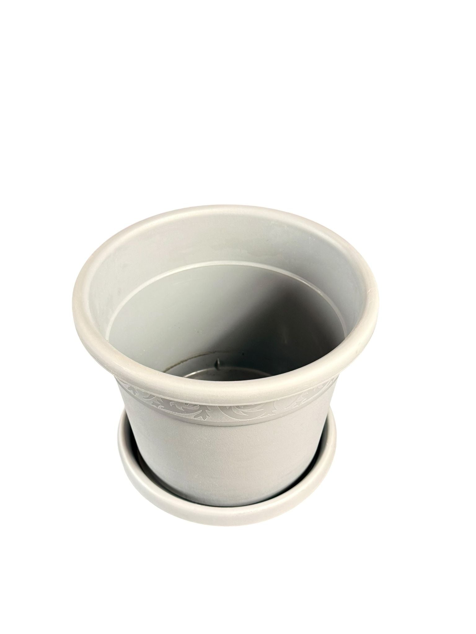 Ghiveci rotund decorativ din plastic cu farfurie gri perlat Model Nr. 7